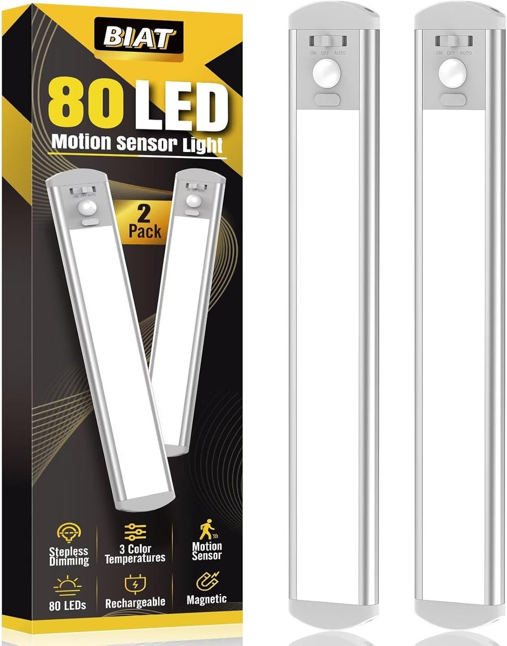 BIAT Under Cabinet Lights 2PCS, 80 LED Motion Sensor Indoor, Rechargeable Closet Lights with 3 Color Temps, Dimmable
