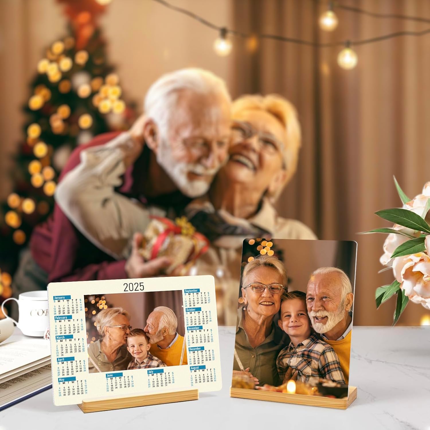 Custom Photo Prints - Metal Desktop Picture Frame with Photos & calendar & Wooden Base Personalized Gifts for Family Friends and Lovers, Optional Multiple Sizes
