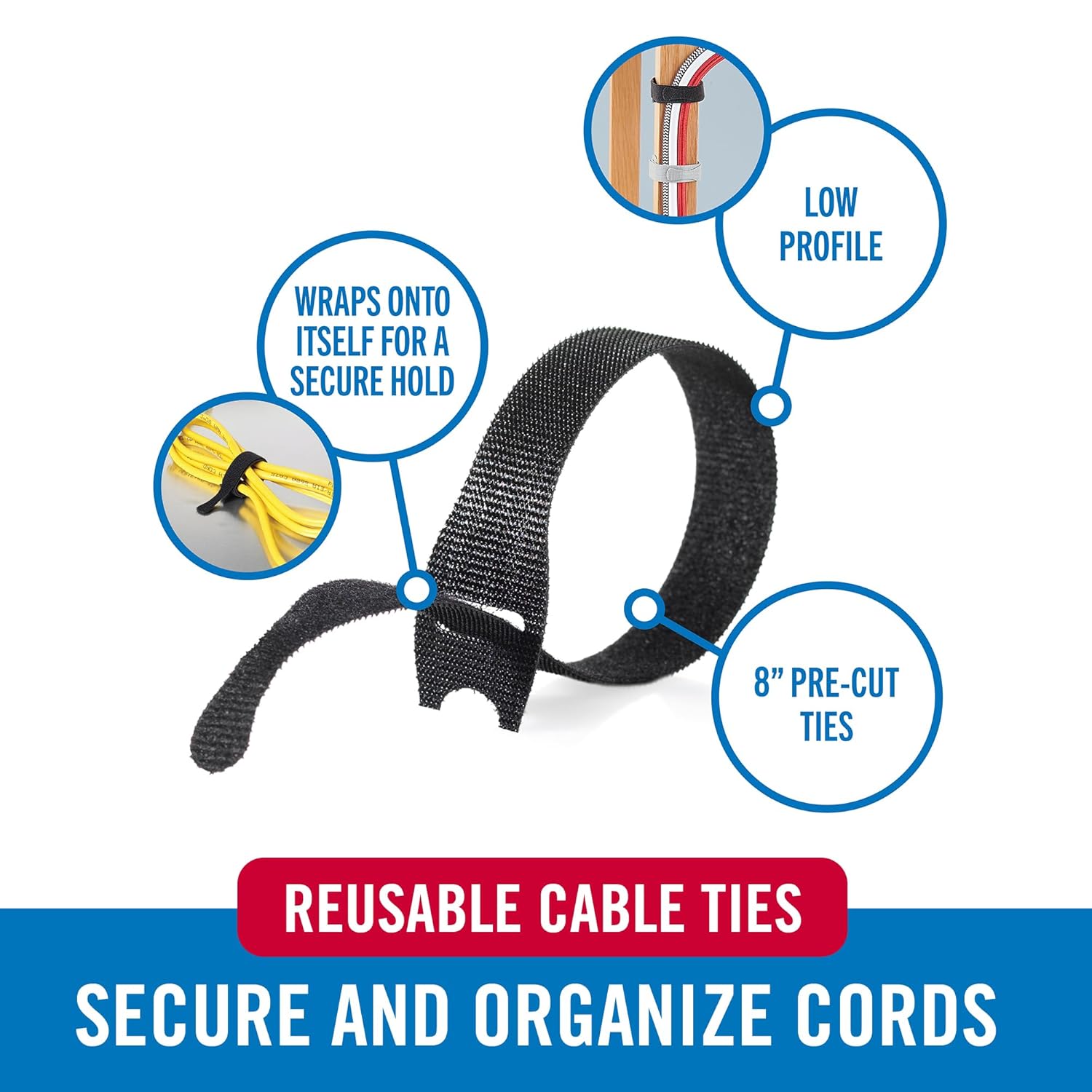 VELCRO Brand 150pk Cable Ties Value Pack, 8in | Stocking Stuffer Gifts for Tech Lovers | For Wire Management and Cord Organizer | Replace Zip Ties with Reusable Straps, Reduce Waste