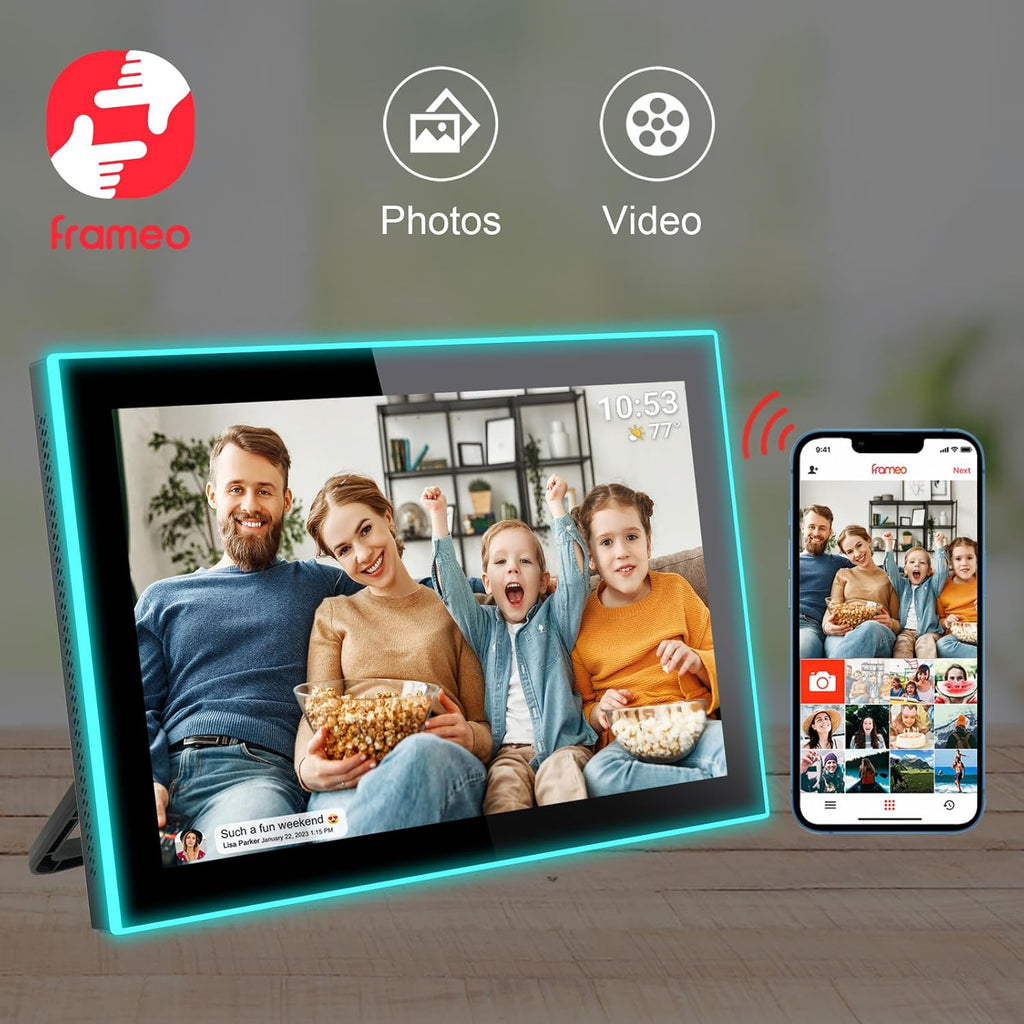 32GB FRAMEO 10.1 Inch WiFi Digital Photo Frame with Neon Light, 1280x800 HD IPS LCD Touch Screen, Auto-Rotate, 32GB Storage, Support USB Drive/SD Card Extend Storage, Share Moments via Frameo App