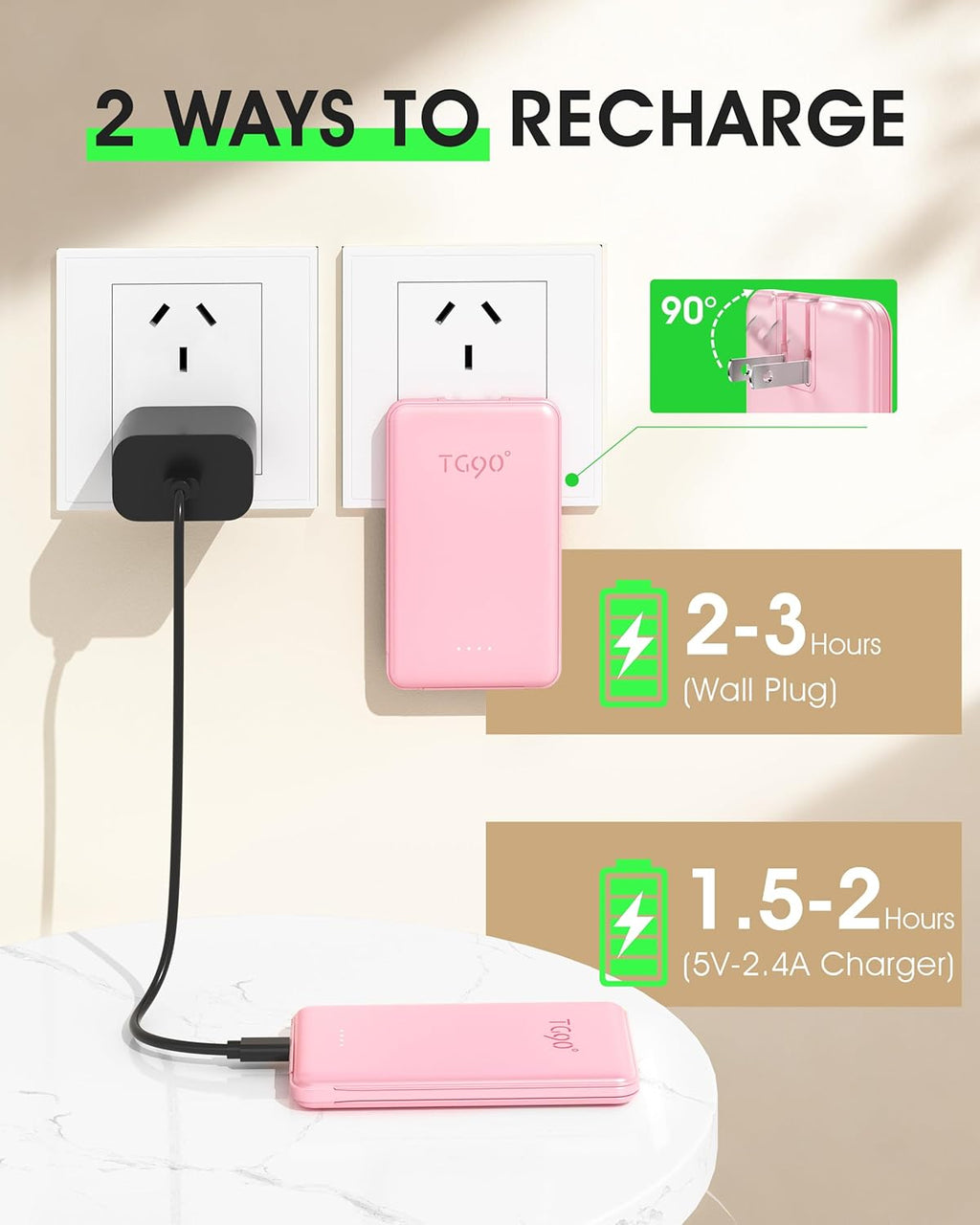 TG90° 2 Pack 5000mAh Portable Charger,Mini Power Bank Built-in Foldable AC Plug and Cables,Pocket Size USB C External Battery Pack Compatible with iPhone 17 16 15 14 Samsung Google iPad,Black & Pink