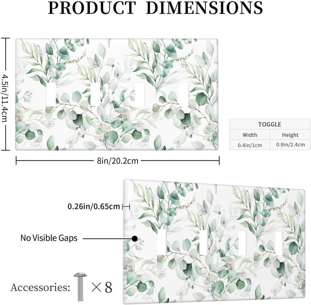 Boho Green Eucalyptus Leaf Floral Plants Flowers Light Switch Covers Quad Toggle Electrical Faceplate 4 Gang Wall Plate Decorative Switch Plates for Bed Room Living Room Decor