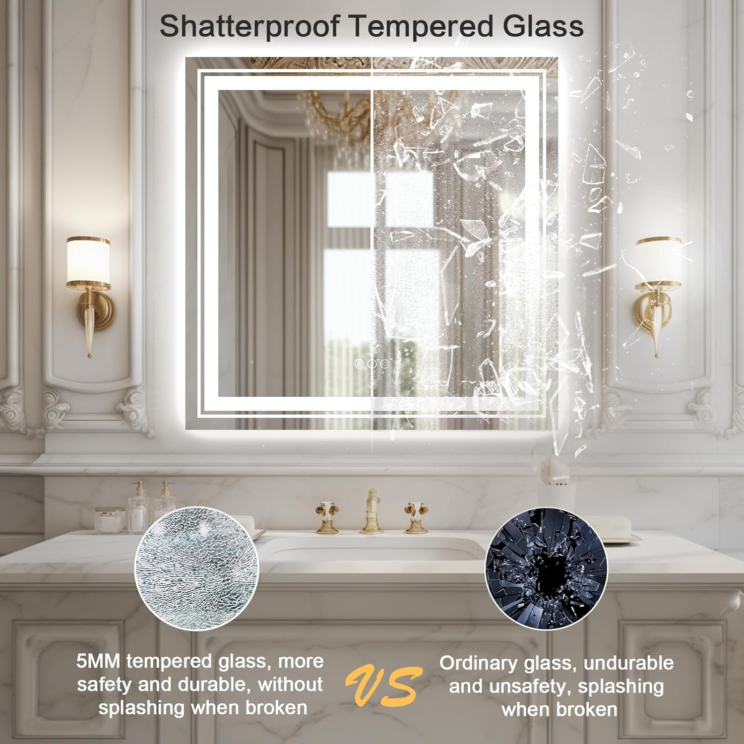 WTTY LED Bathroom Mirror 32"x32" with Backlit and Front Light,Stepless Dimmable LED Mirror for Bathroom,Anti-Fog Lighted Bathroom Vanity Mirror Modern for Wall,Memory Function,Shatter-Proof