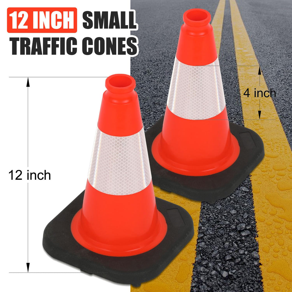 6 Pack 12" Inch Orange PVC Traffic Cones with Heavy-Duty Base, High-Visibility All-Weather Safety Cones for Road Construction, Parking Lot, and Garage Use (6, Orange, 12" Small)