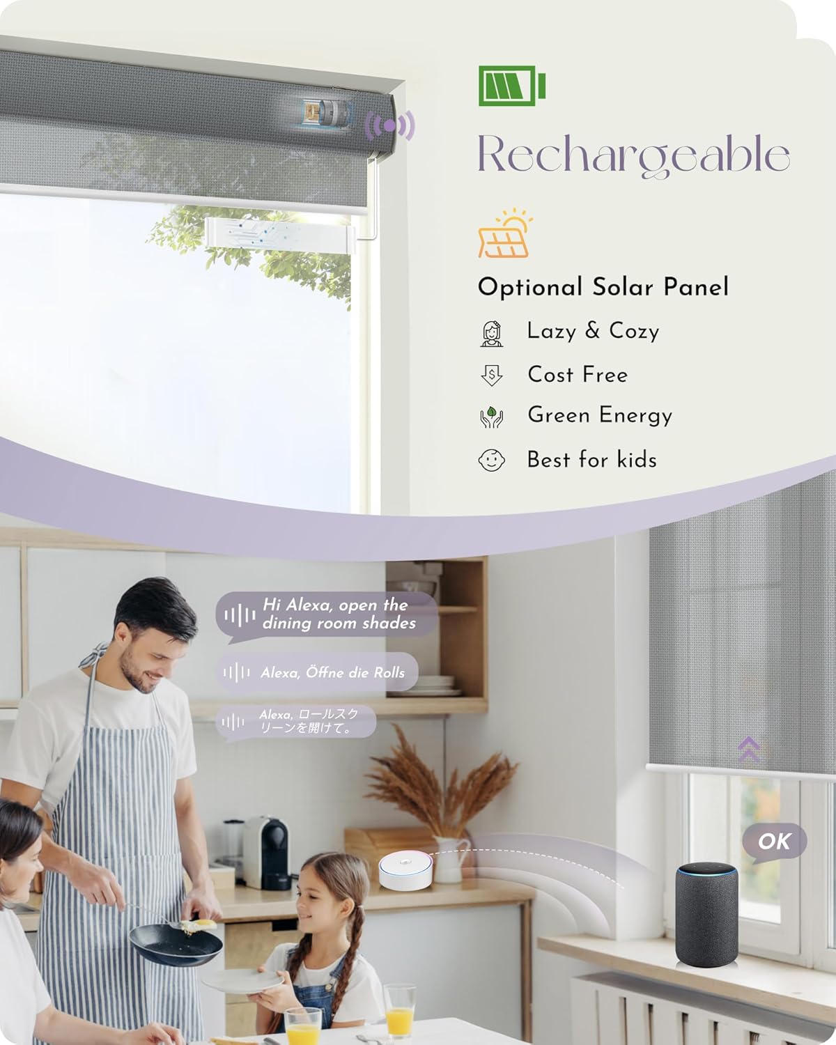 Graywind Motorized Solar Shades Compatible with Alexa Google Remote Electric Window Shade Fireproof Smart Roller Blinds with Valance for Home Office Patio, Custom Size (5% Openness Grey)