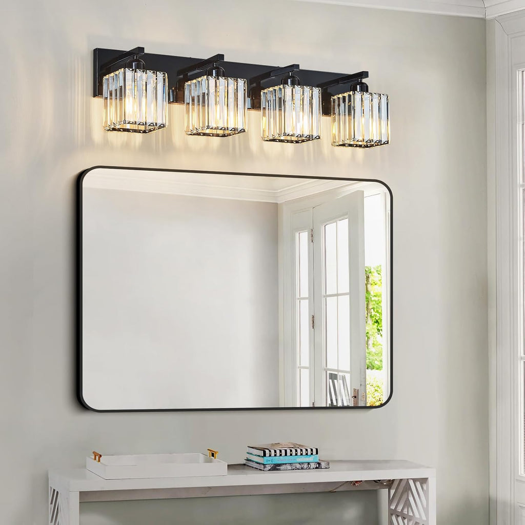 Modern Bathroom Vanity Light 4-Lights Plating Black Crystal Bathroom Wall Light Vanity Light Fixtures