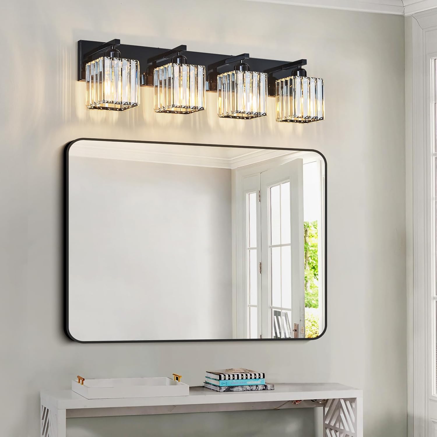 Modern Bathroom Vanity Light 4-Lights Plating Black Crystal Bathroom Wall Light Vanity Light Fixtures