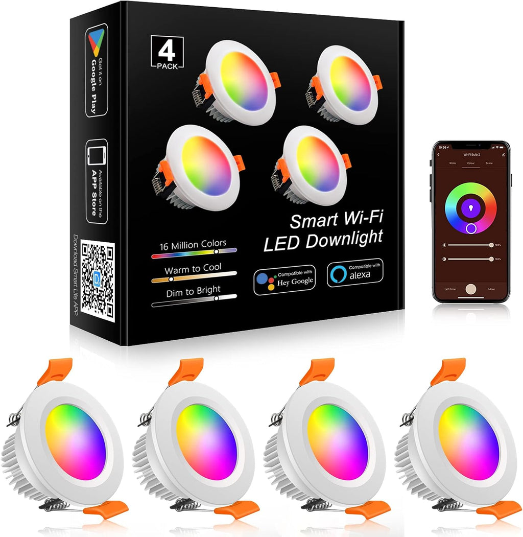 YGS-Tech Smart 2 Inch LED Recessed Lighting RGB WiFi Downlight, 5W Compatible with Alexa and Google Home, Dimmable RGB & CCT 2700-6500K Color Changing, 120V Ceiling Light with LED Driver (4 Pack)