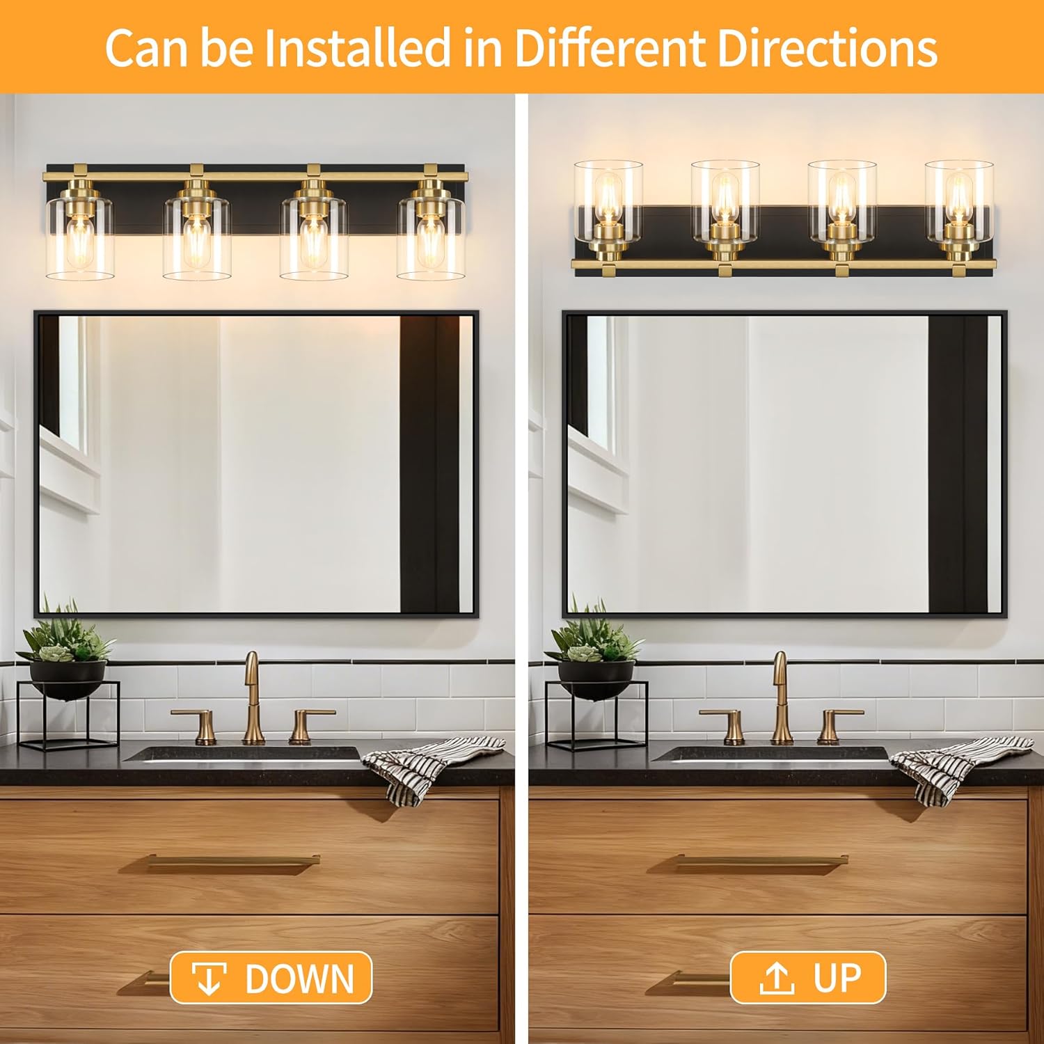 4 Light Modern Bathroom Light Fixtures Over Mirror, Black Gold Vanity Lights for Bathroom Wall Sconces with Clear Glass Shades, E26 Socket (Bulbs Not Included)