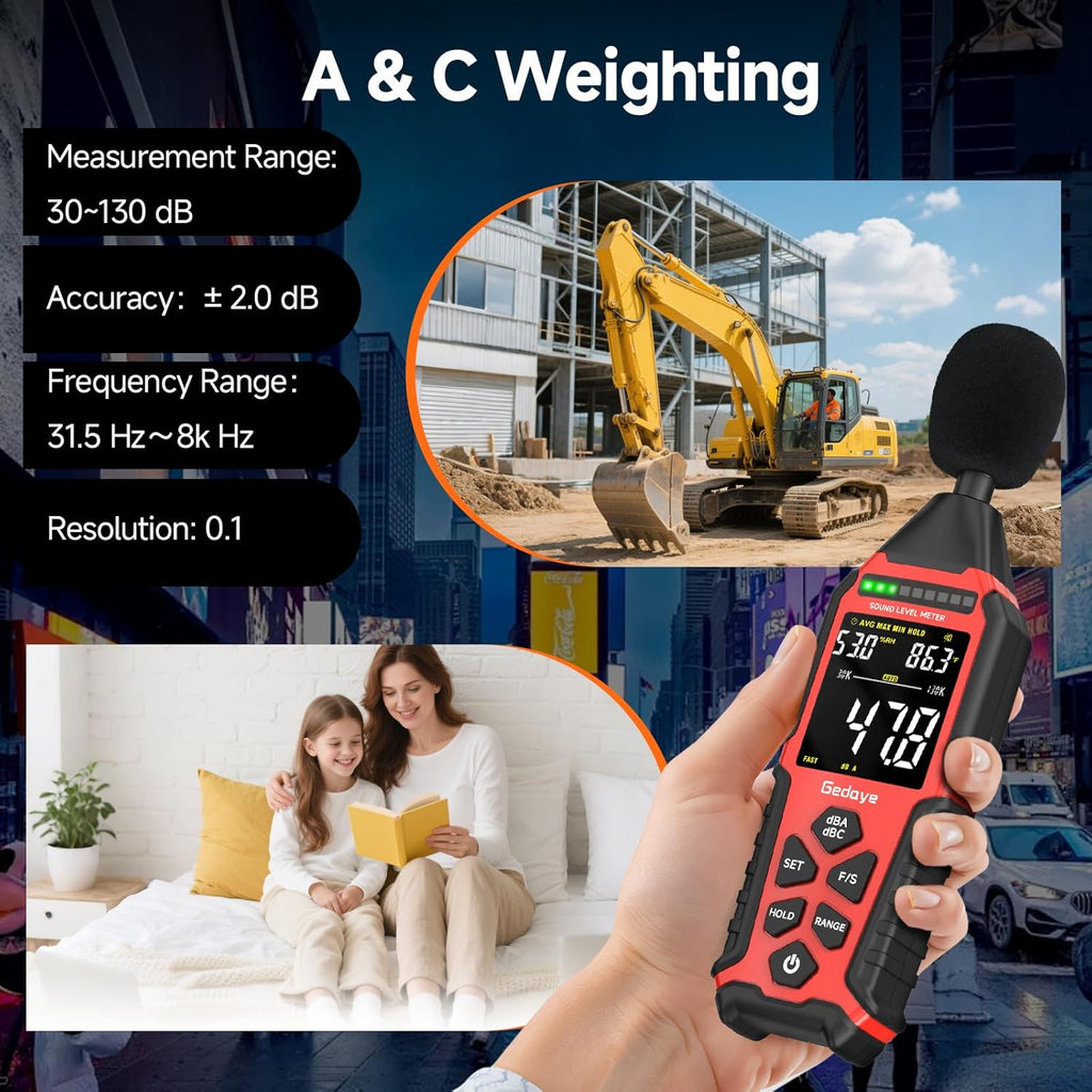 Power Supply Available Decibel Meter, Gedaye Sound Level Meter, A/C Weighted SPL Meter, Noise Measure Device 30-130dB, Noise Detector Sound Monitor Decibel Reader Classroom Factory Noisy Neighbor