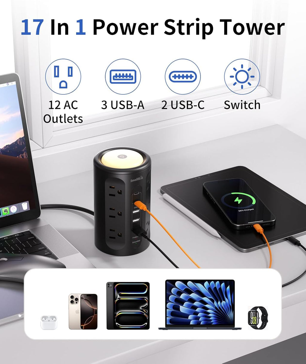 Surge Protector Power Strip Tower with 5 USB Ports and Night Light,10FT Extension Cord with 12 AC Multiple Outlets (Black, 10FT)
