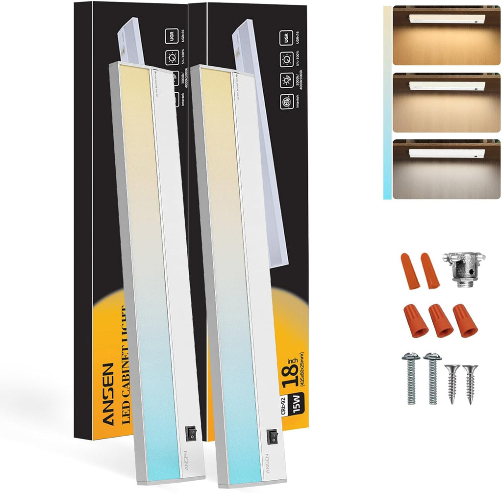 Ansen 2Packs of Under Cabinet Lighting Hardwired, 18in 15W 998LM Dimmable Led Light for Kitchen/Closet, CRI 92+, R9 90+, 3 Color Temperature, 3000K/4000K/5000K(Warm White, Cool White, Daylight)