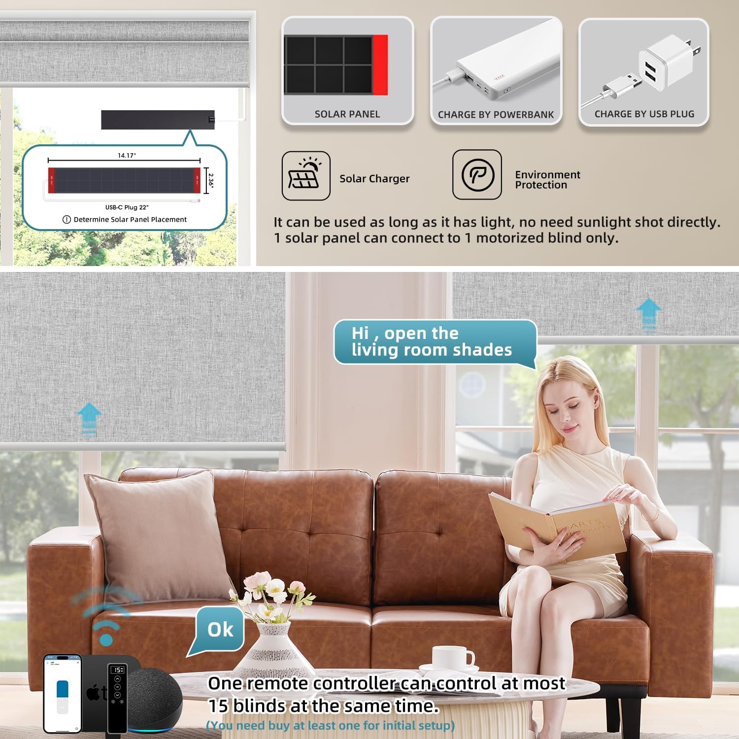 SmartWings Motorized Blinds Dual-Sided Cordless Smart Blackout Shades, Custom Size, Rechargeable Battery, Work with Matter/Apple HomeKit, Alexa, Thread/Zigbee, Remote Optional, Bouvardia Light Grey