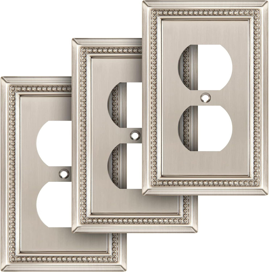 Henne Bery Sunken Pearls Heavy Duty Decorative Wall Plate Switch Plate Outlet Cover (Single Duplex, 3 Pack, Satin Nickel)