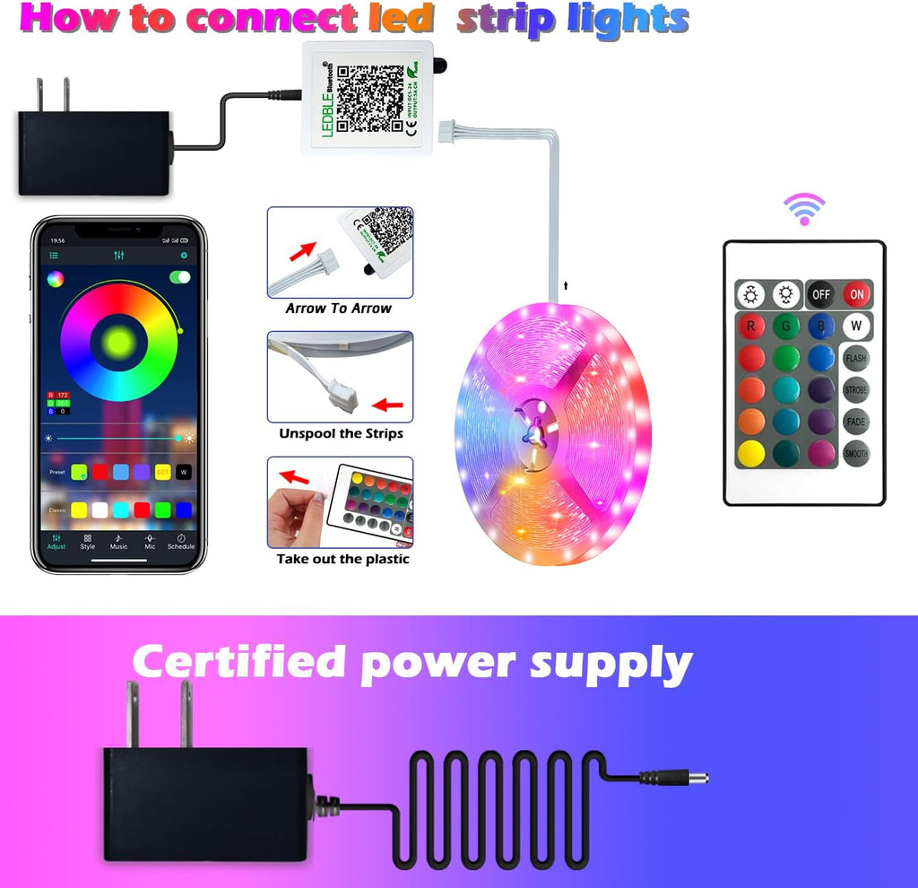 100ft Led Strip Lights,Long Smart Led Light Strips Music Sync 5050 RGB Color Changing Rope Lights,Bluetooth APP/IR Remote/Switch Box Control Led Lights for Bedroom,Home Decoration,Party,Festival