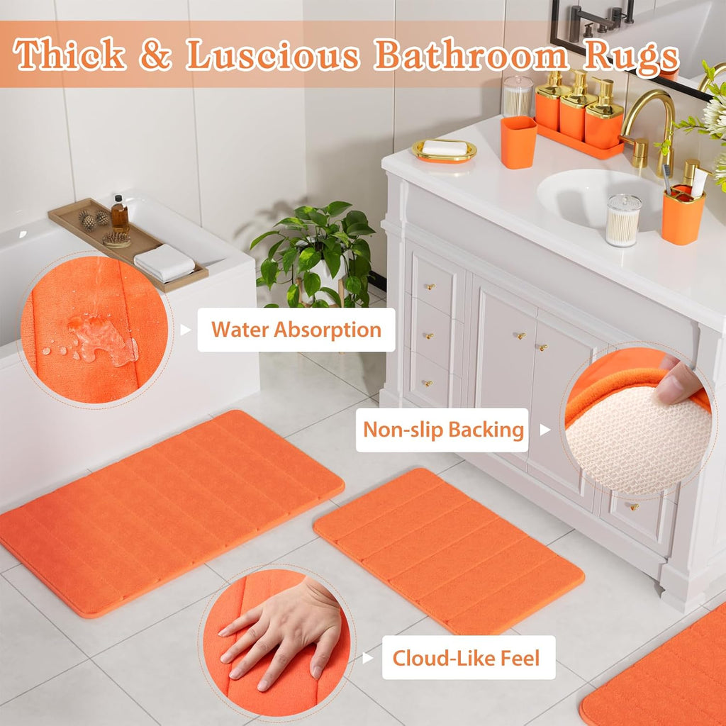 Bathroom Sets with Shower Curtain and Rugs, 27PC Bathroom Accessory Set, Orange Bathroom Set, Orange and Gold Bathroom Accessories Set with Trash Can, Toilet Brush and Soap Dispensers