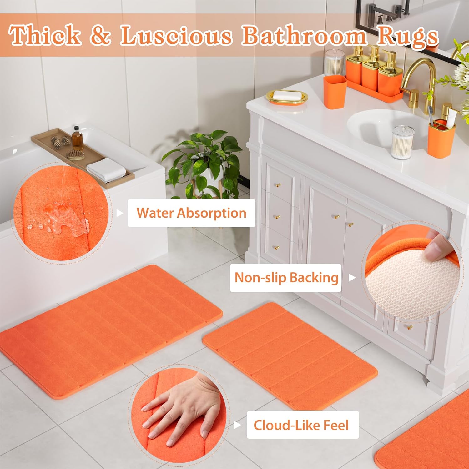 Bathroom Sets with Shower Curtain and Rugs, 27PC Bathroom Accessory Set, Orange Bathroom Set, Orange and Gold Bathroom Accessories Set with Trash Can, Toilet Brush and Soap Dispensers