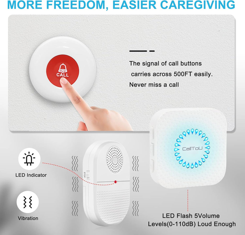 CallToU Wireless Caregiver Pager Waterproof Call Button Vibration Call Button for Elderly at Home Disabled Patient Elderly Monitoring Nurse Calling 2 SOS Call Buttons/Transmitters 500FT 2 Receivers