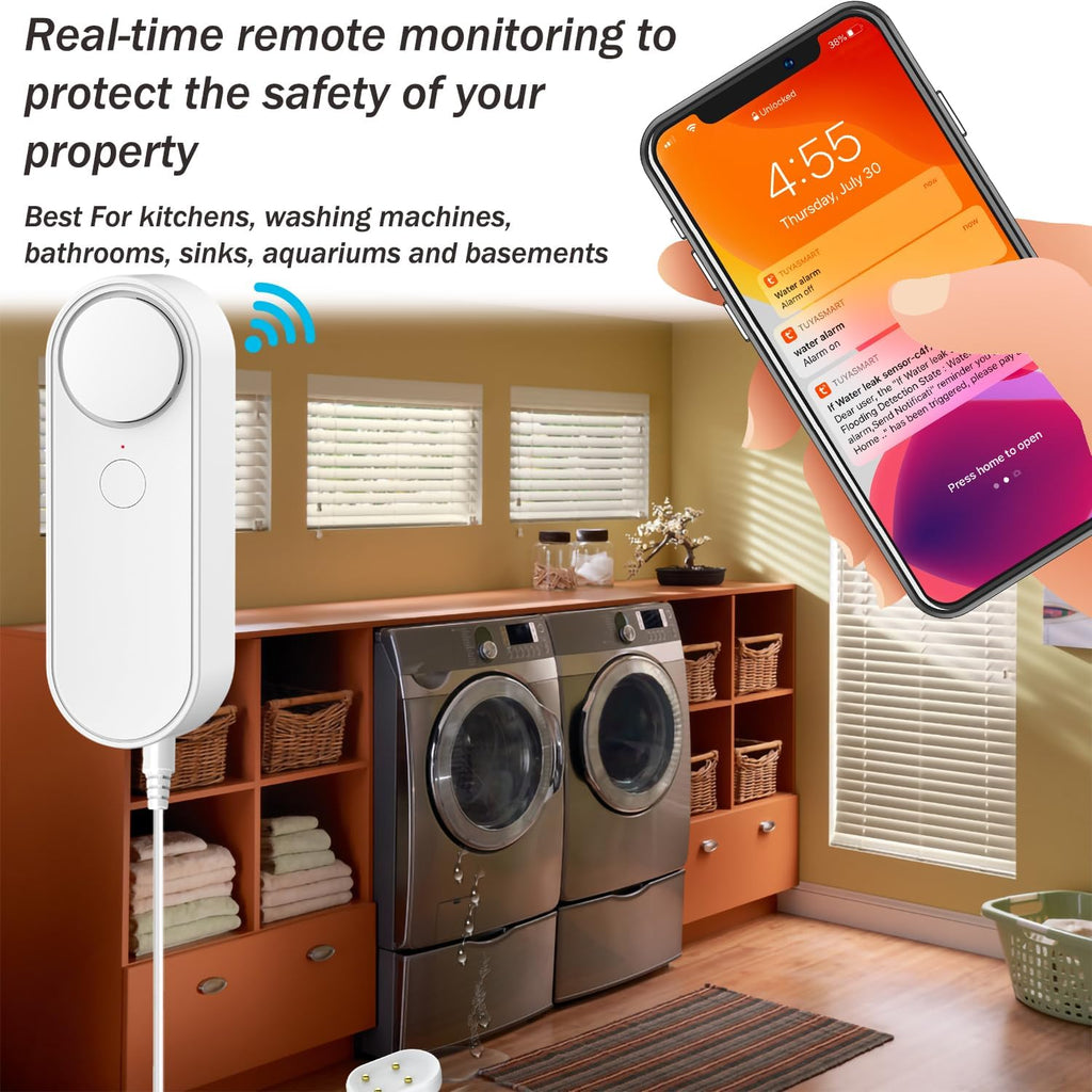 WiFi Water Leakage Detector with Dual Probe, Smart Water Sensor Alarm, Detached 16.4FT Dual Detection Line, Left and Right Dual Alarms, Remote App Monitoring, Dual Alerts, AAA Battery Powered(Include)