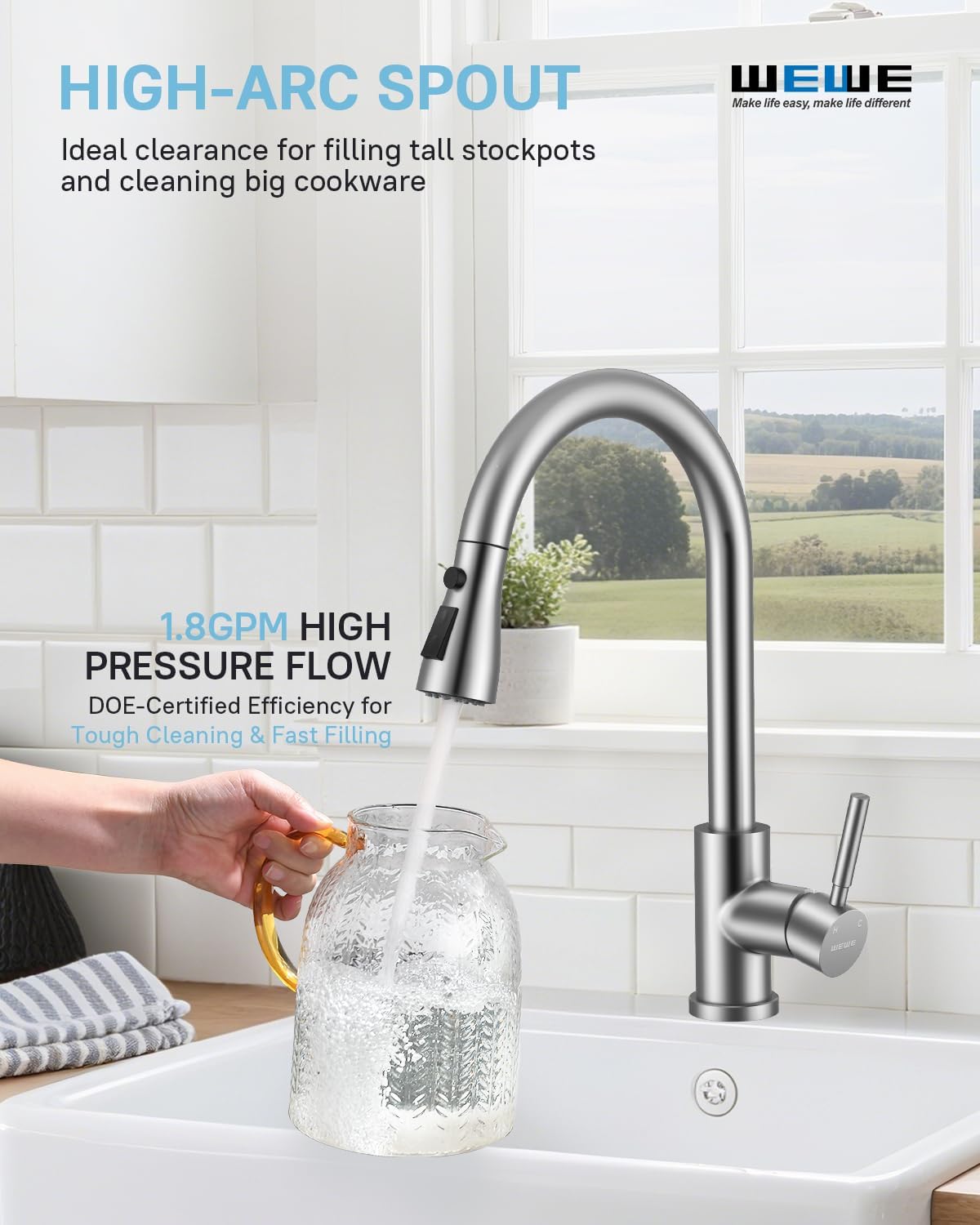 WEWE Kitchen Faucets with Pull Down Sprayer, Stainless Steel Single Handle 1 Hole for Family Kitchen Commercial Camper Laundry Rv Bar, Leak-Proof Brushed Nickel Bar Sink Faucet
