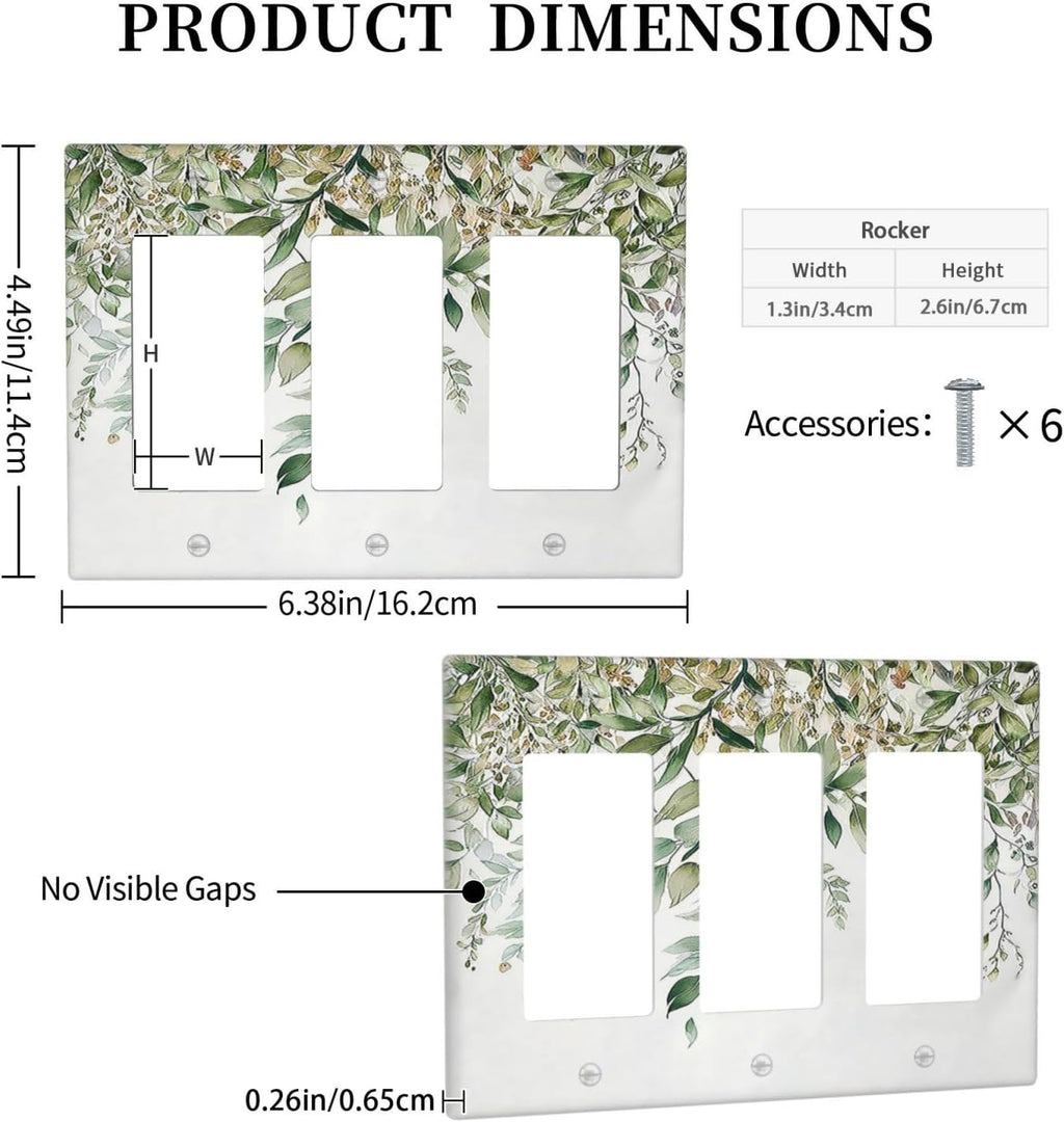 Light Switch Covers Sage Green Eucalyptus Watercolor Plant Leaves 3 Gang Rocker Electrical GFCI Decorative Triple Outlet Wall Plate Cover Switchplate for Bedroom Bathroom Decor
