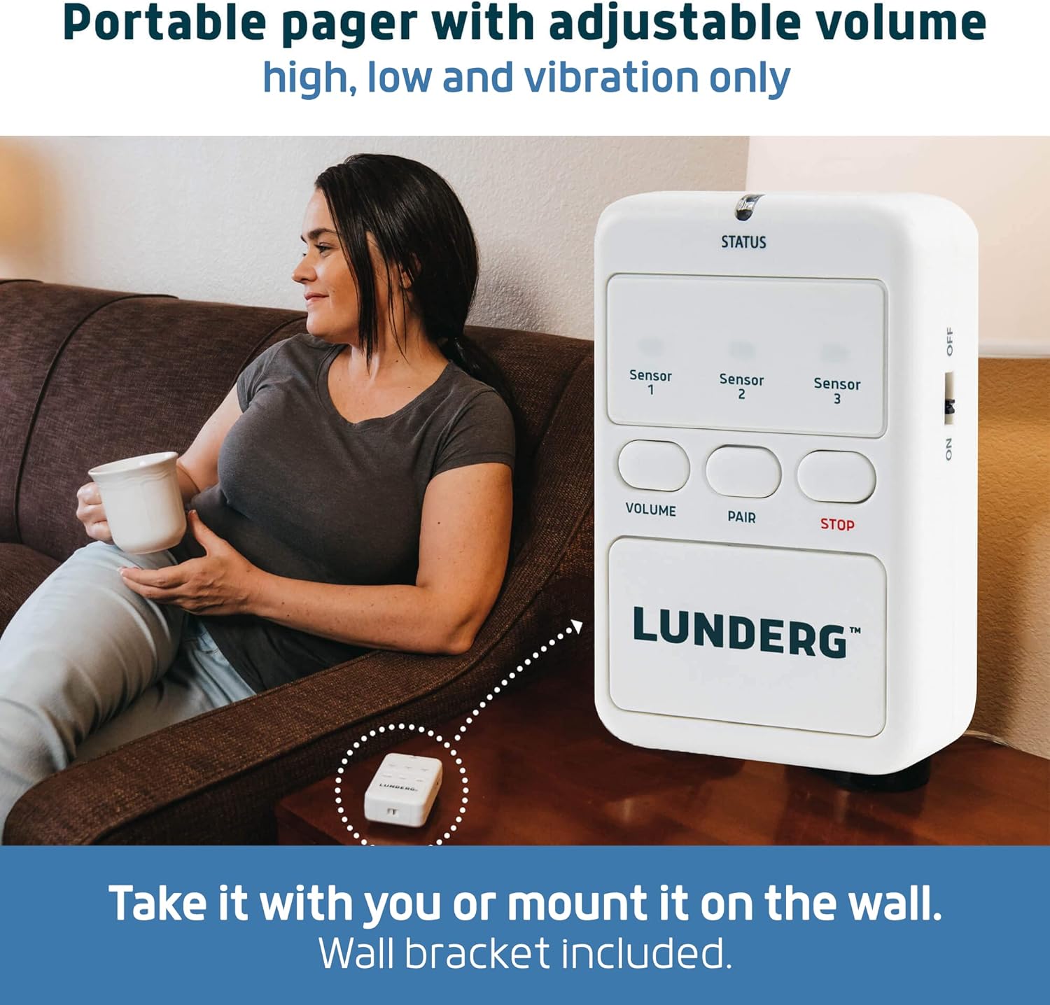 Lunderg Large Bed Alarm for Elderly Adults - Wireless Sensor Pad (20” x 30”) & Pager - Safety Bed Alarms and Fall Prevention for Elderly and Dementia Patients - for Patients That Move a lot