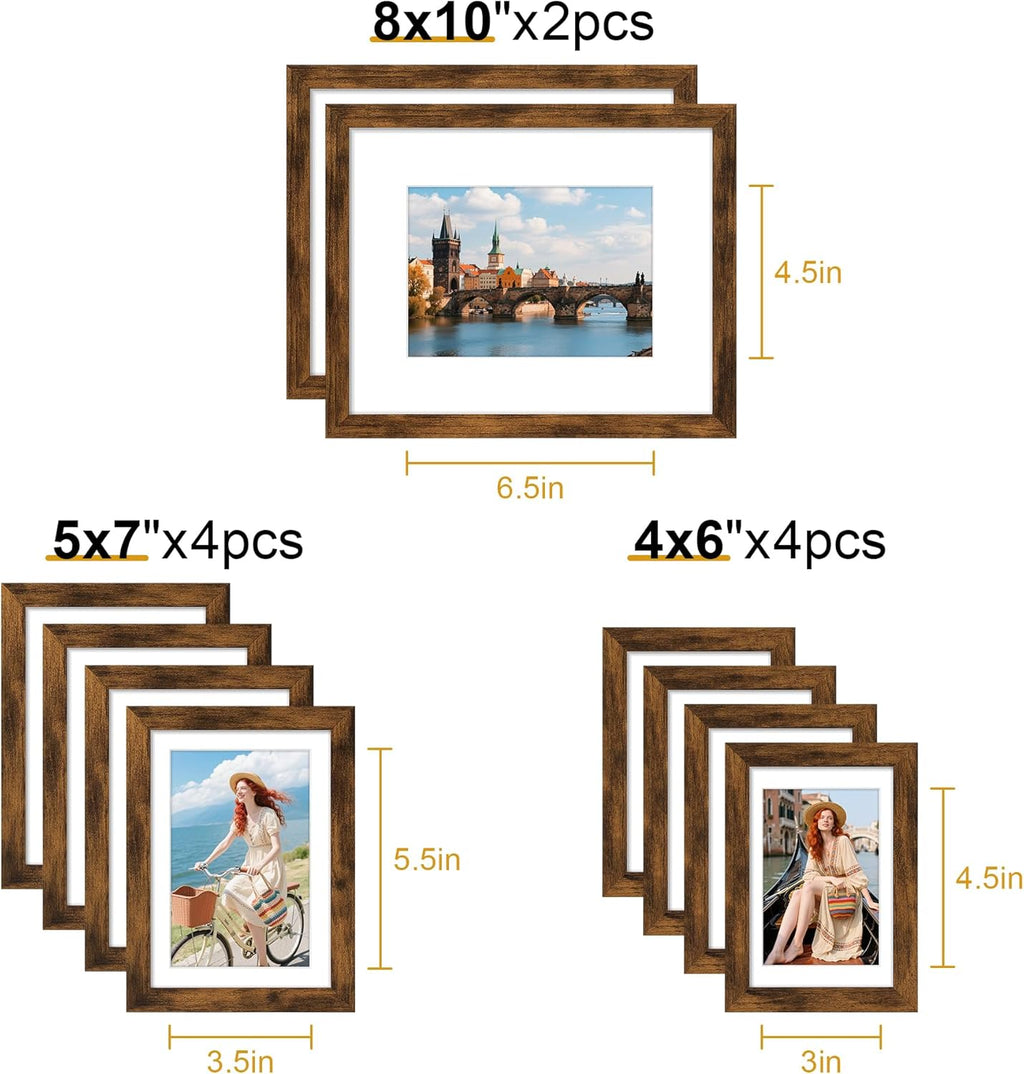 decorUhome Picture Frames Collage Wall Decor for Photo Gallery Display, Assorted Picture Frames set of 10 Including Two 8x10 / Four 5x7 / Four 4x6 for Family Wall Decor, Distressed Brown, 10 Pack