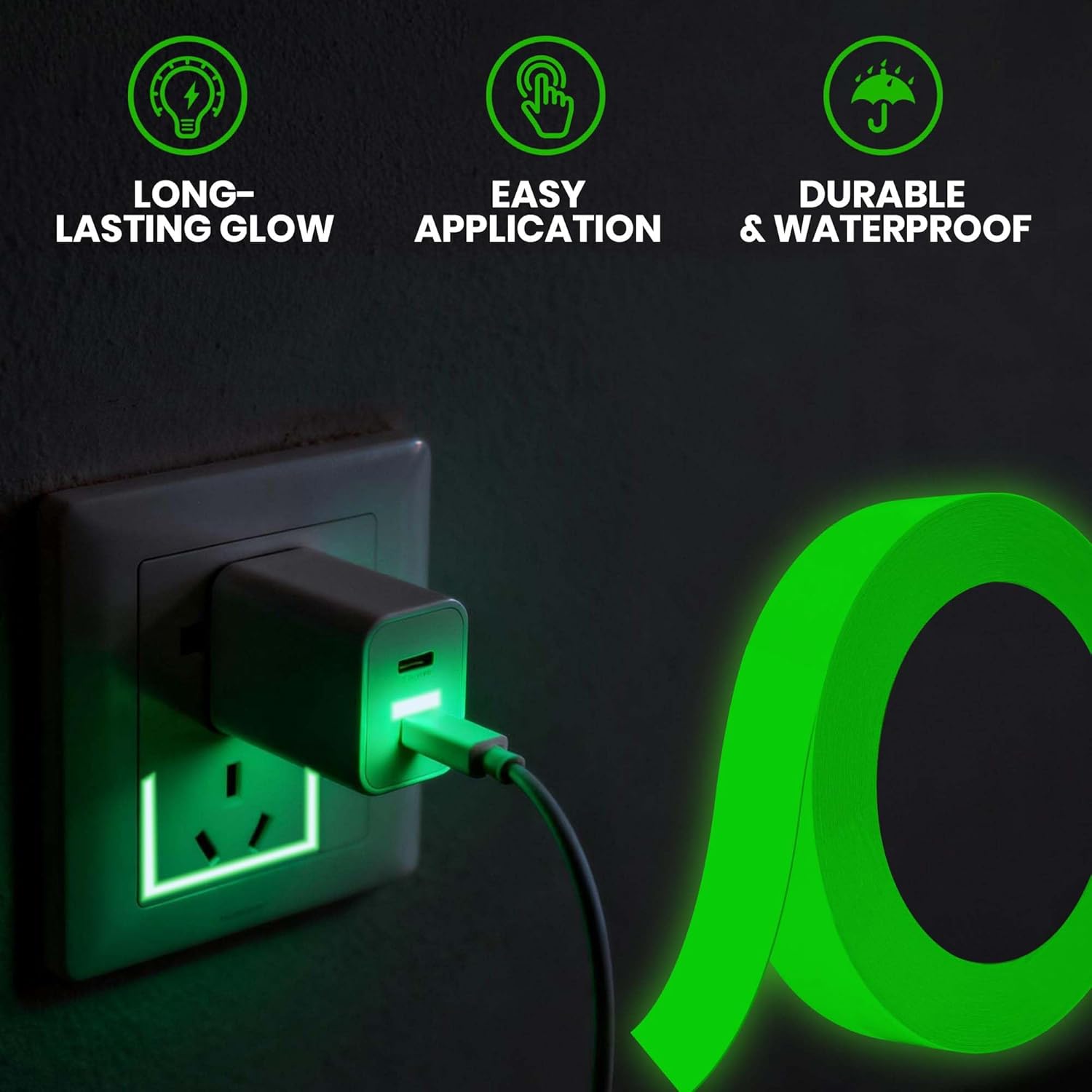 ADHES Green Glow in The Dark Tape 1 Inch x 65FT, Waterproof Reflective Tape for Stairs, Floors, Walls, Party, Emergency Exits & DIY Projects