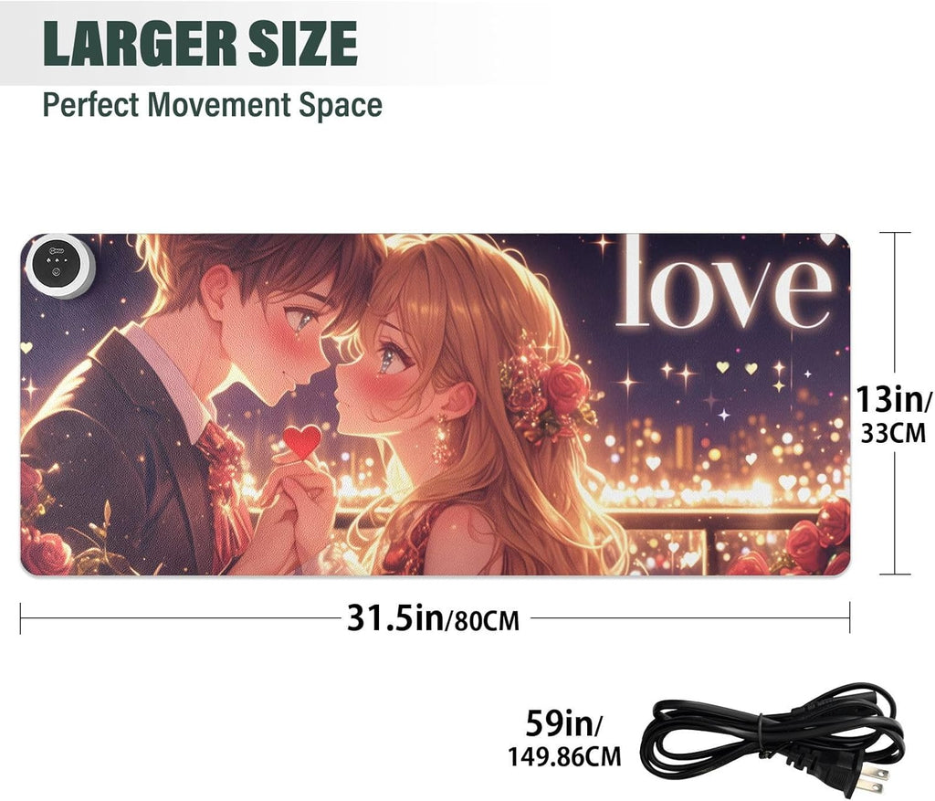 Large Heated Mouse Pad,Leather Desk Mat,31.5"x13",Hand Warmer Pads for Desk,Love(Love)