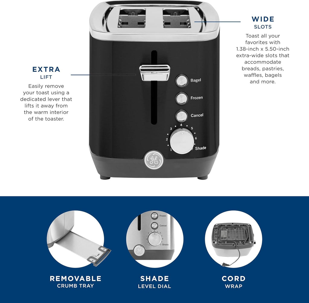 GE 2 Slice Black Stainless Steel Toaster, Extra Wide Slots for Toasting Bagels, Breads, Waffles & More, 7 Adjustable Shade Settings, Removable Crumb Tray, Countertop Kitchen Essentials, 850 Watts