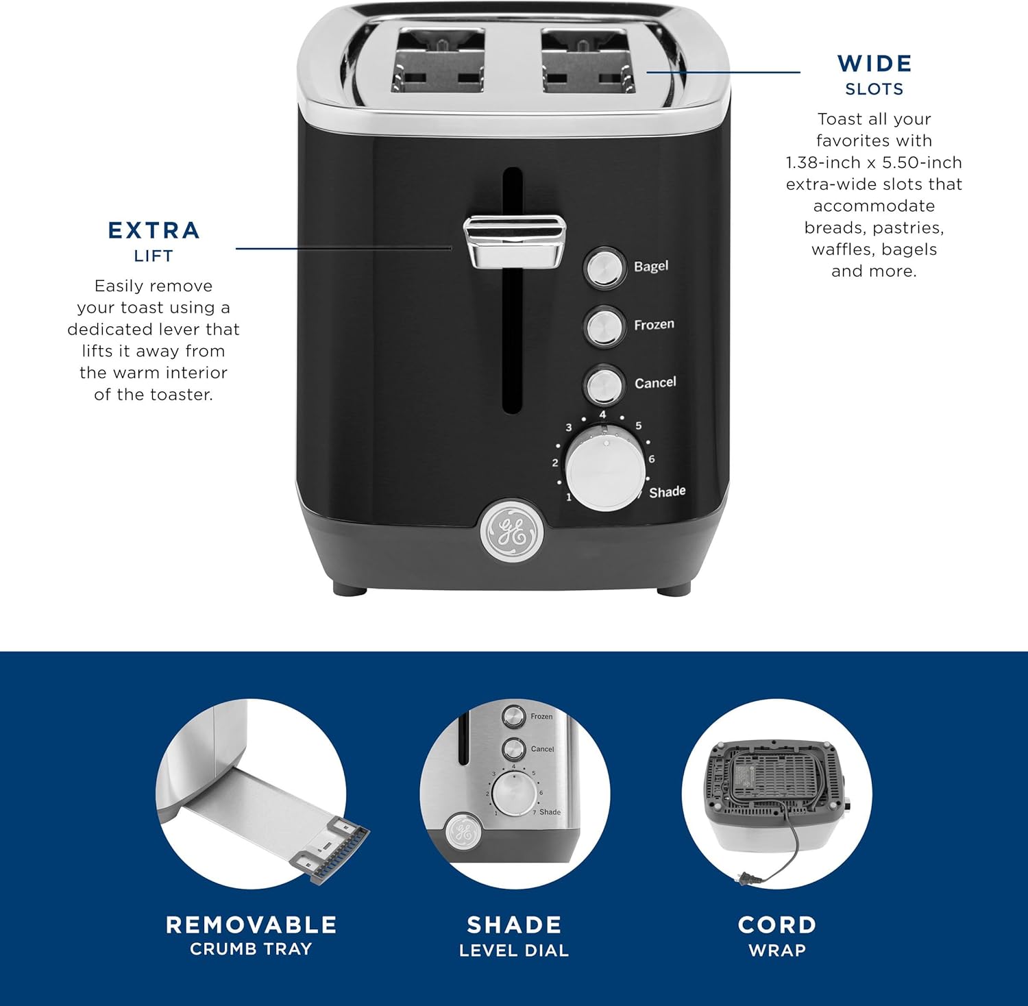 GE 2 Slice Black Stainless Steel Toaster, Extra Wide Slots for Toasting Bagels, Breads, Waffles & More, 7 Adjustable Shade Settings, Removable Crumb Tray, Countertop Kitchen Essentials, 850 Watts