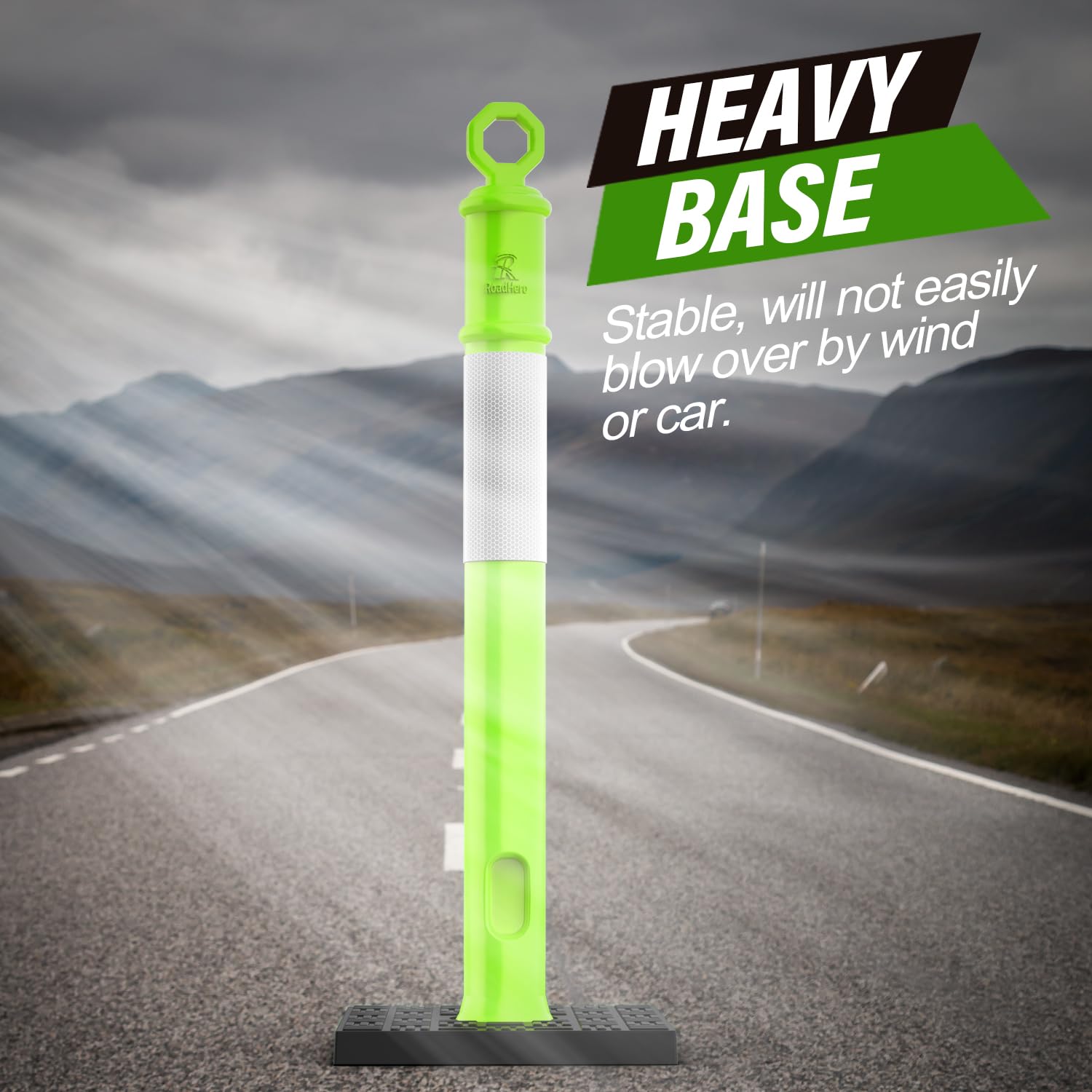 RoadHero 45 Inch Delineator Post with Base, Portable Lime Green Traffic Delineator Posts Cones with Reflective Collars for Parking Lots, Road Safety, Construction Events (6 Pack)