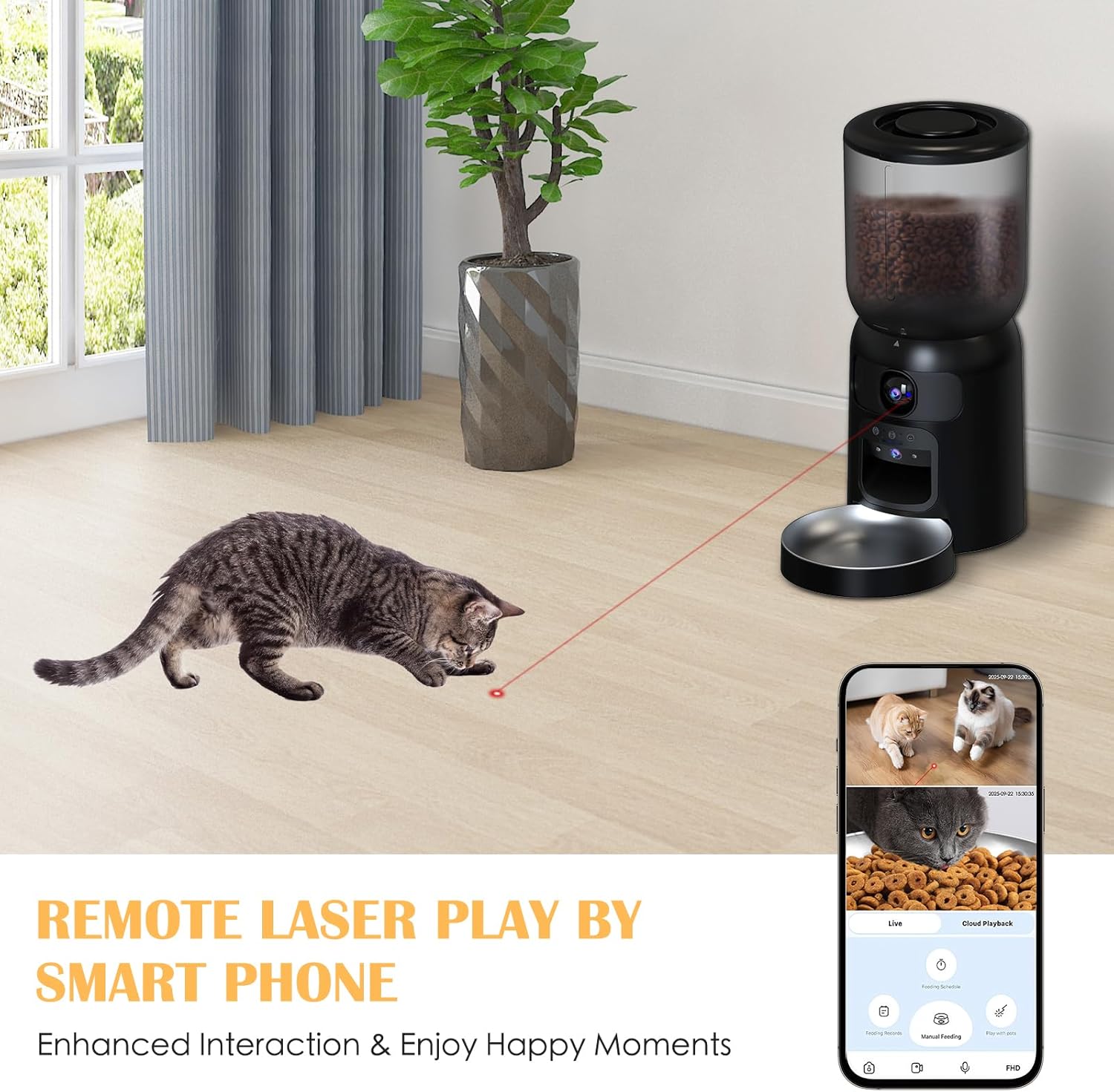 Automatic Cat Feeder with 2K HD Dual Cameras, 2.4/5G WiFi 6L Feeder, Pet Feeder Automatic for Cats & Dogs, Cat Food Dispenser with Cameras, Laser Interactive Toy & Night Vision(Black-Dual Cameras)