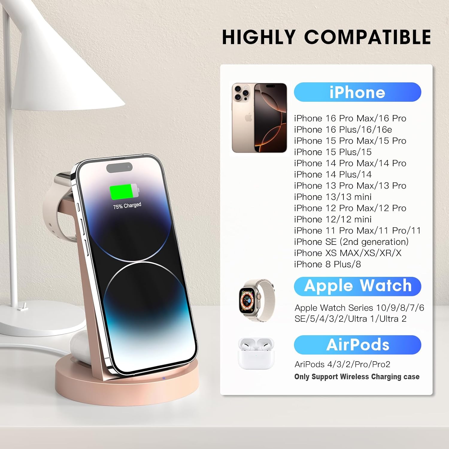 3 in 1 Charging Station for iPhone, Wireless Charger for iPhone 17 16e 16 15 14 13 12 11 X Pro Max & Apple Watch - Charging Stand Dock for AirPods (Rose)