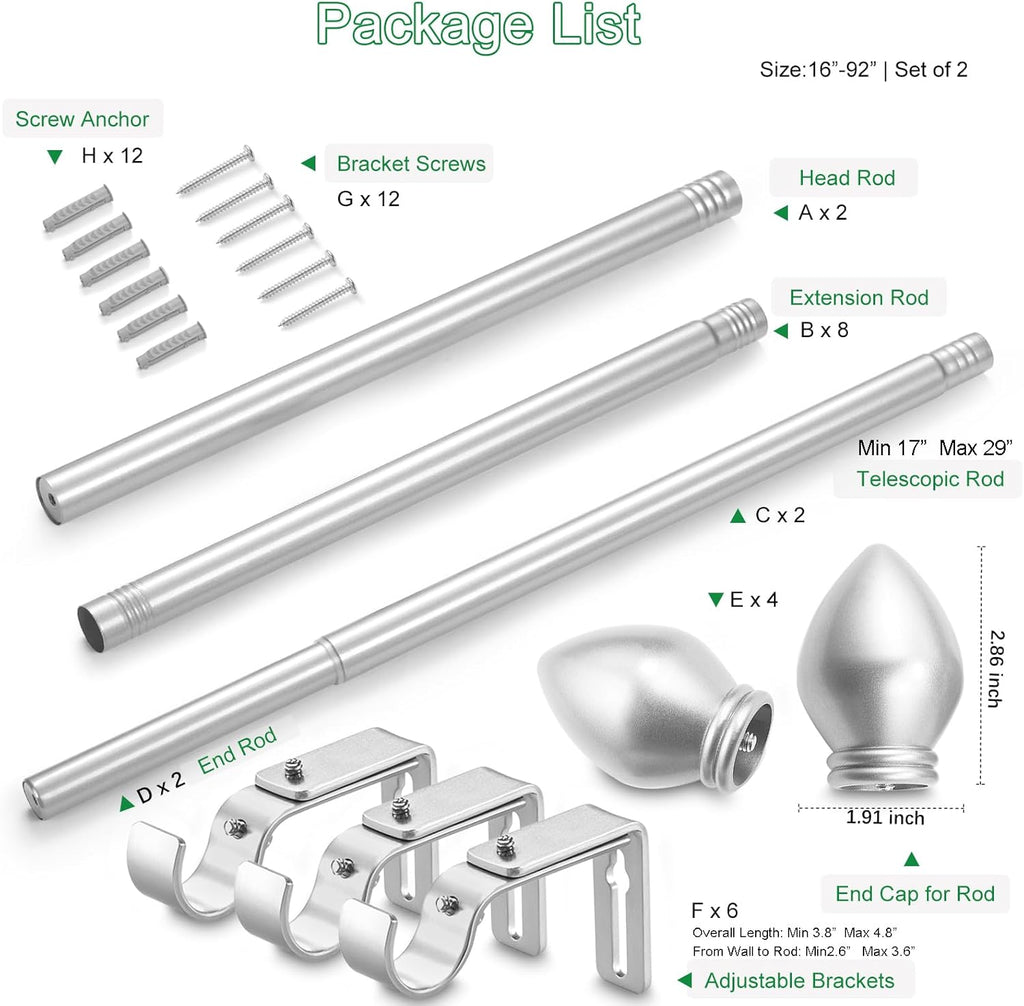 Curtain Rods for Windows 16 to 92 inches, Curtain Rod Max Adjustable Length to 104 in, Drapery Rod 1 inch Diameter with Modern Knobs Finials (Satin Silver, 16" to 92" - Set of 2)