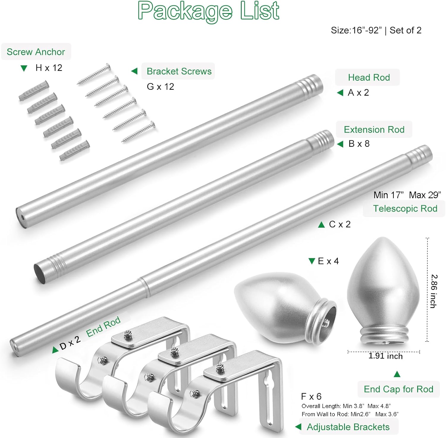 Curtain Rods for Windows 16 to 92 inches, Curtain Rod Max Adjustable Length to 104 in, Drapery Rod 1 inch Diameter with Modern Knobs Finials (Satin Silver, 16" to 92" - Set of 2)