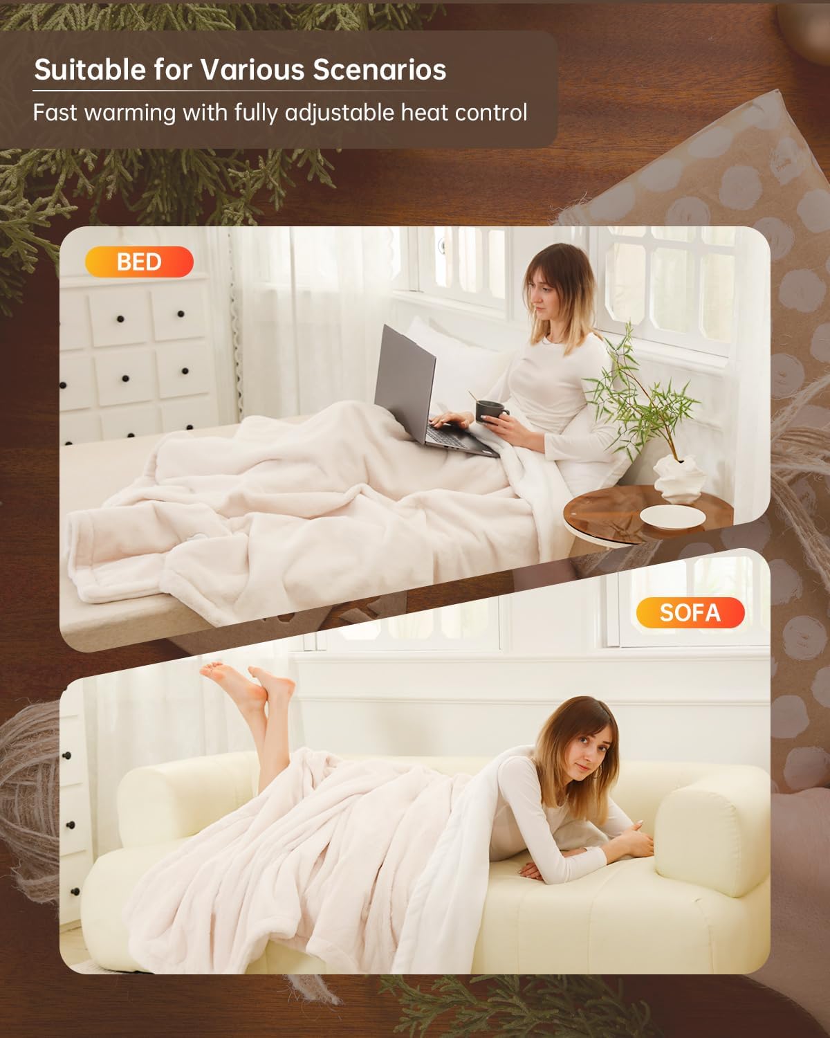 Electric Heated Blanket Twin Size, Washable Blanket Warmer for Home for Adults, Fast Heating Super Cozy Soft Fabric, 62" x 84", 9 Heat Levels, 1-9H Auto-Off, ETL Certified, Pink White