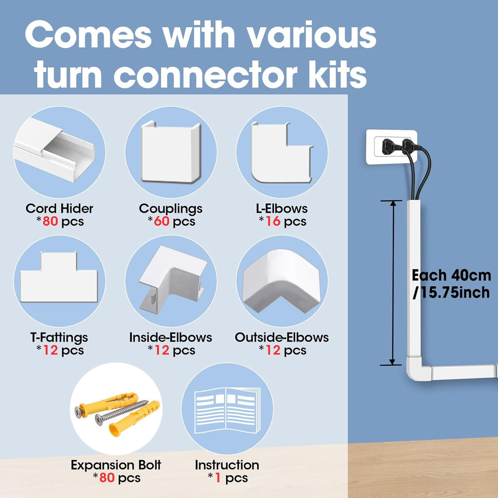 1260in Cord Hider Kit, Cord Covers for Wires on Wall, Paintable Cable Raceway, Cord Hider for Wall Mount tv, tv Cable Hider Wall kit, Wire Covers for Cords, 80X L15.75 X W0.96in X H0.57in, White