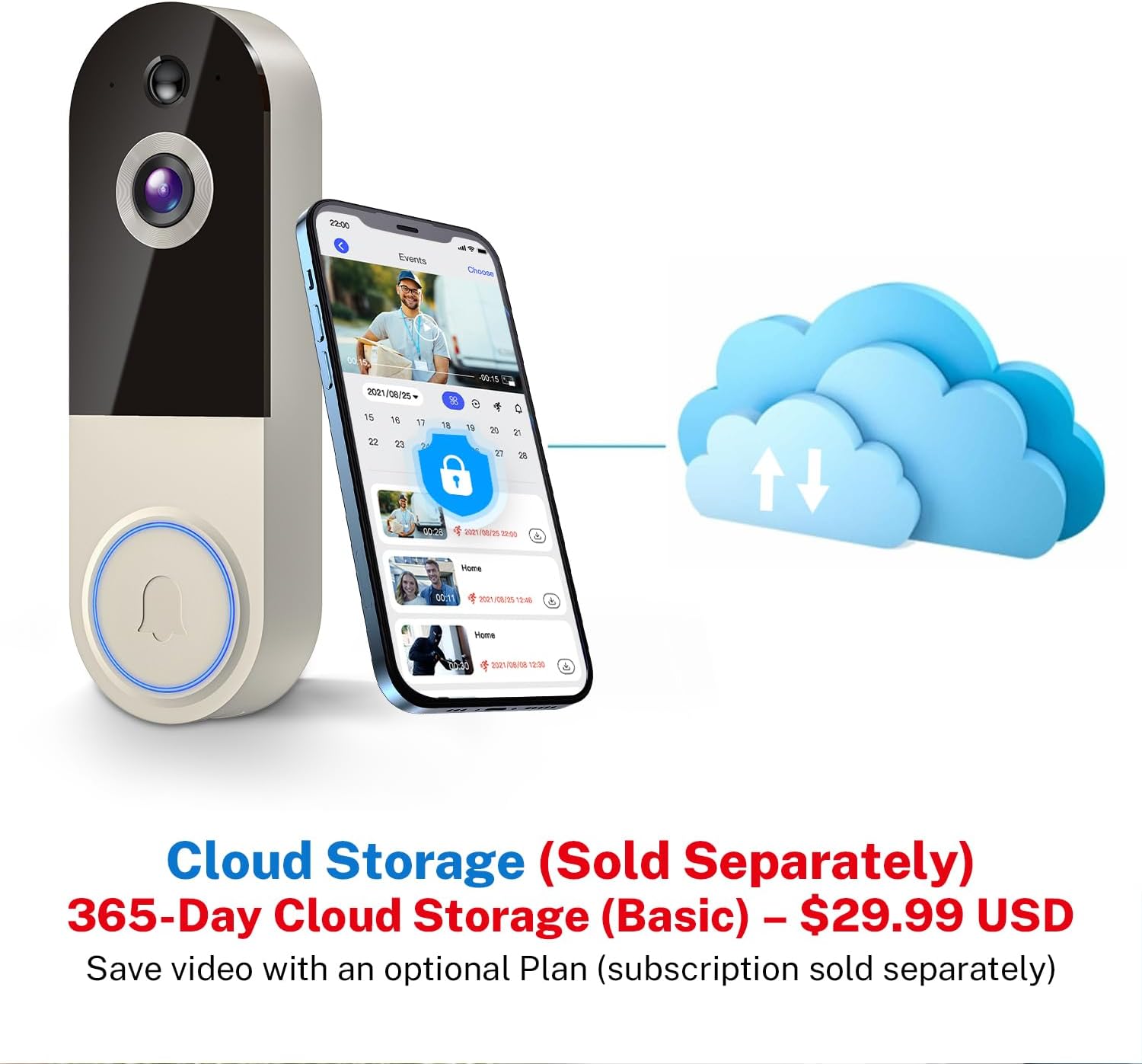 1080p Wireless Doorbell Camera with Receiver, AI Human Detection, 2-Way Audio, Night Vision, Cloud Storage (Sold Separately), Real-Time Alerts, Rechargeable Battery-Powered, 2.4Ghz Wi-Fi