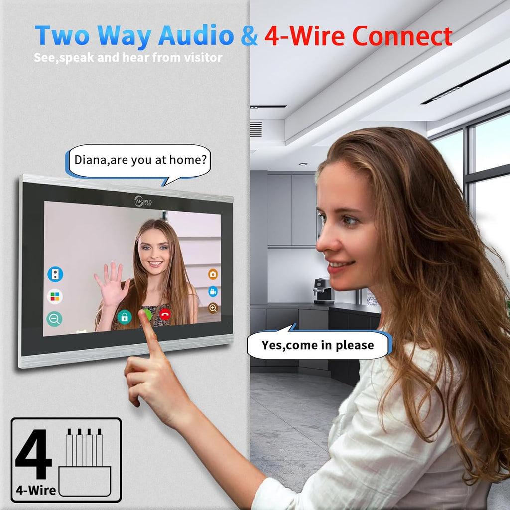 ANJIELO SMART Wired Video Doorbell Apartment Intercom System,4 Family Units 10 Inch Touch Monitor,3 in 1 Unlocking,Dual Way Intercom Motion Detection Tuya for Villa Home (1 Doorbell(b)+ 4 Monitor(s))