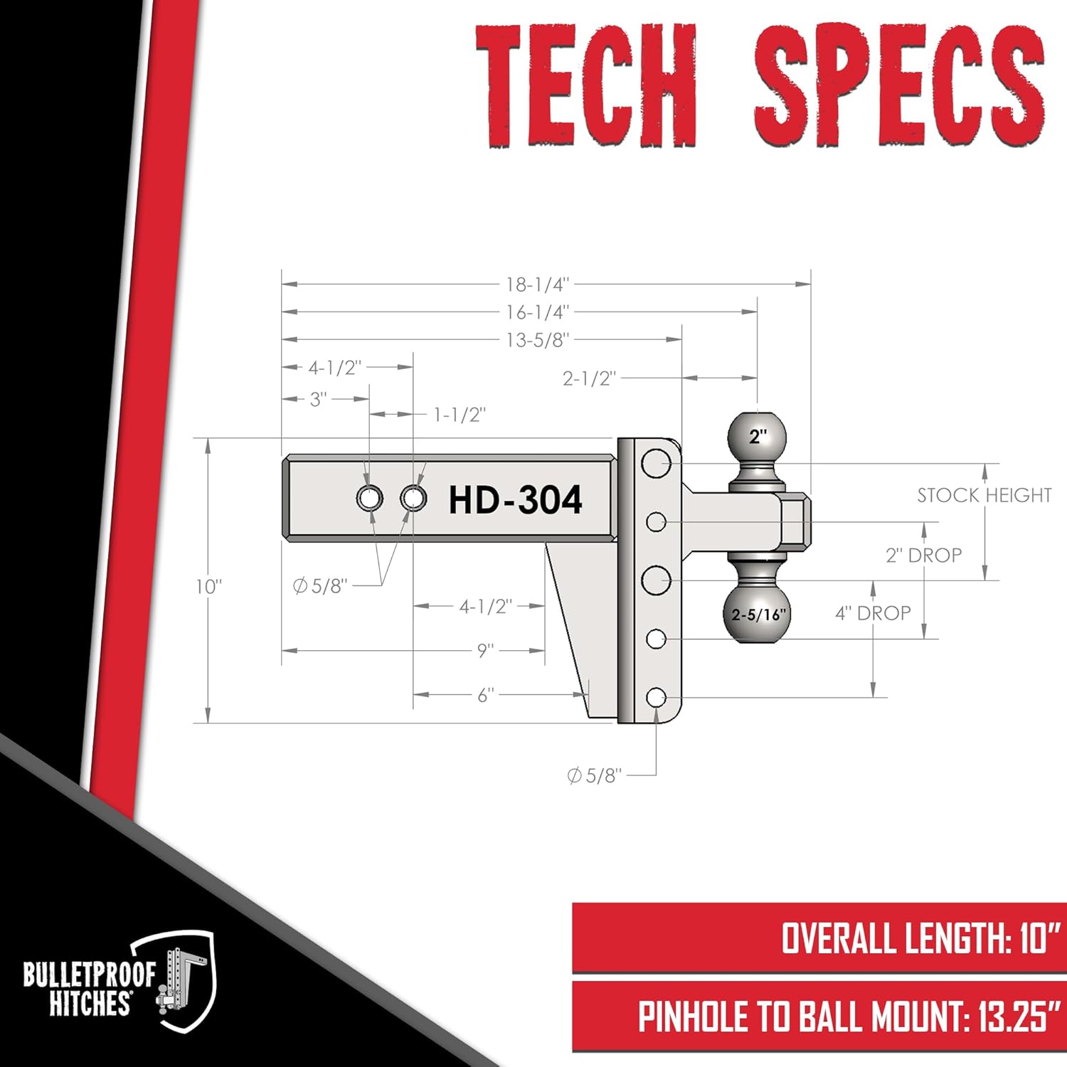 BulletProof Hitches - 3.0" Adjustable Heavy Duty Trailer Hitch (22,000 lb. Rating) - 4" Drop/Rise Trailer Hitch with 2" & 2-5/16" Dual Ball - Powder Coat, Solid Steel, Corrosion-Resistant