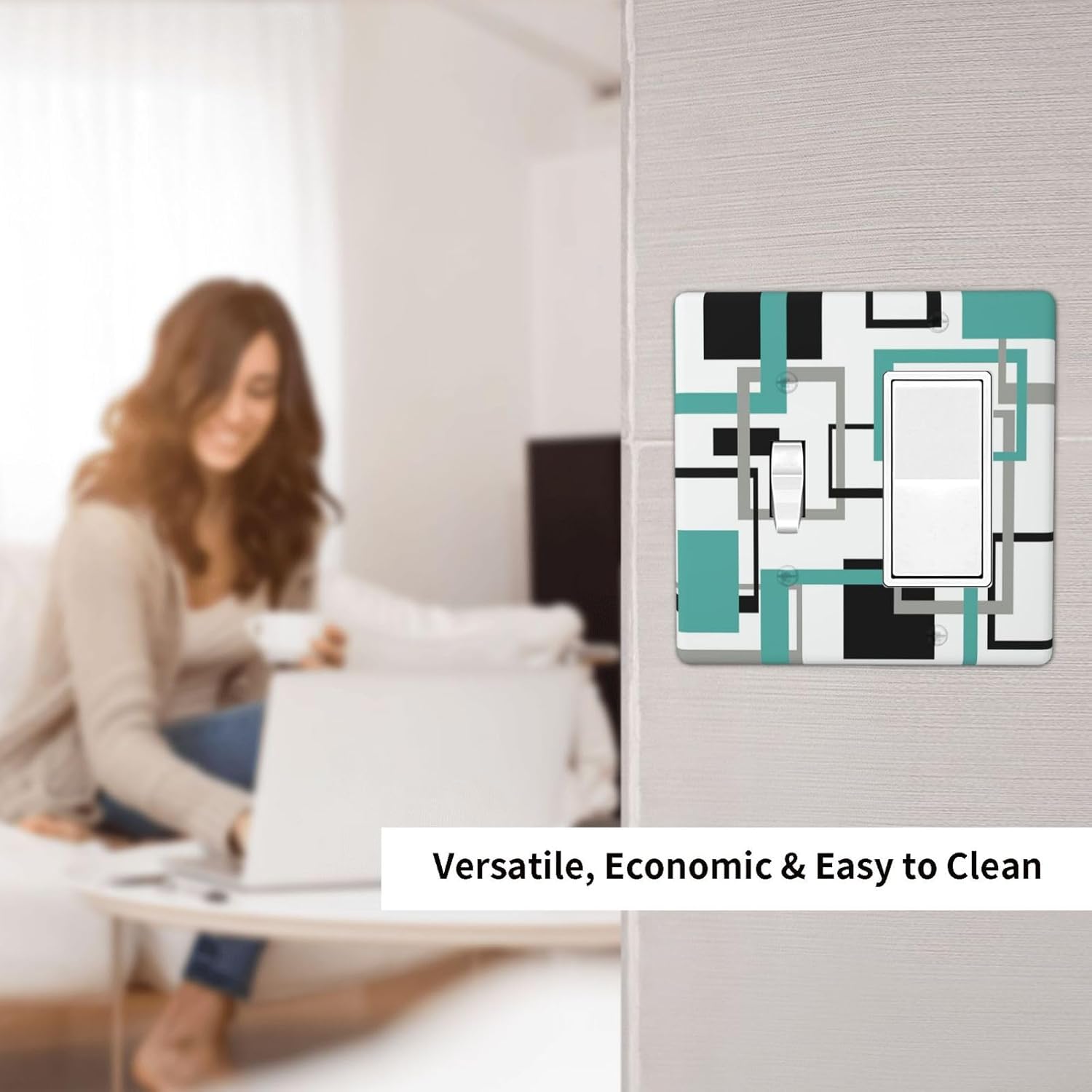 Geometric Turquoise Black Gray Modern Abstract Boho Outlet Covers 1 Toggle 1 Rocker Combination Decorative Wall Plate Electrical Switch Plates Light Switch Cover Plate for Office Nursery Decor
