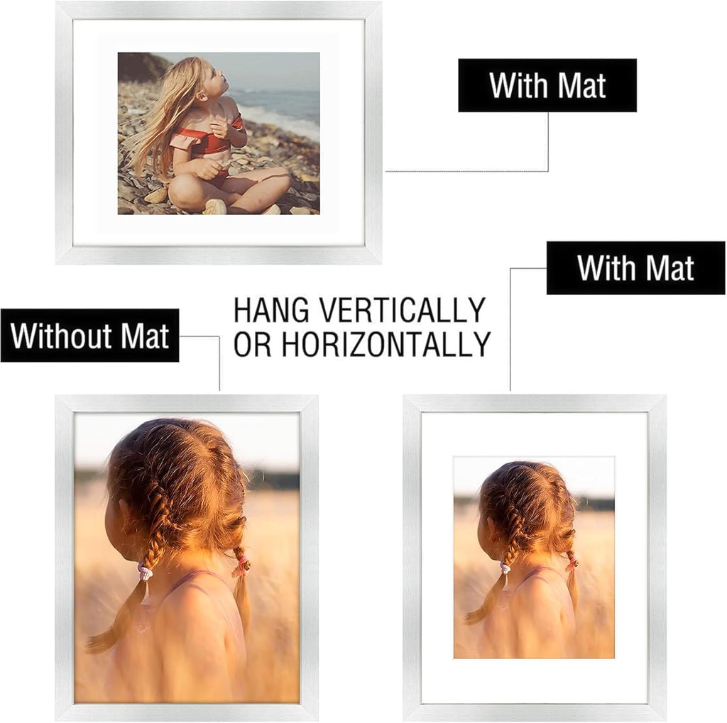 Golden State Art, 11x14 Picture Frame with Mat for 8x10 - High Definition Glass Wall Mounting Horizontal Vertical Display (Silver, 1 Pack)