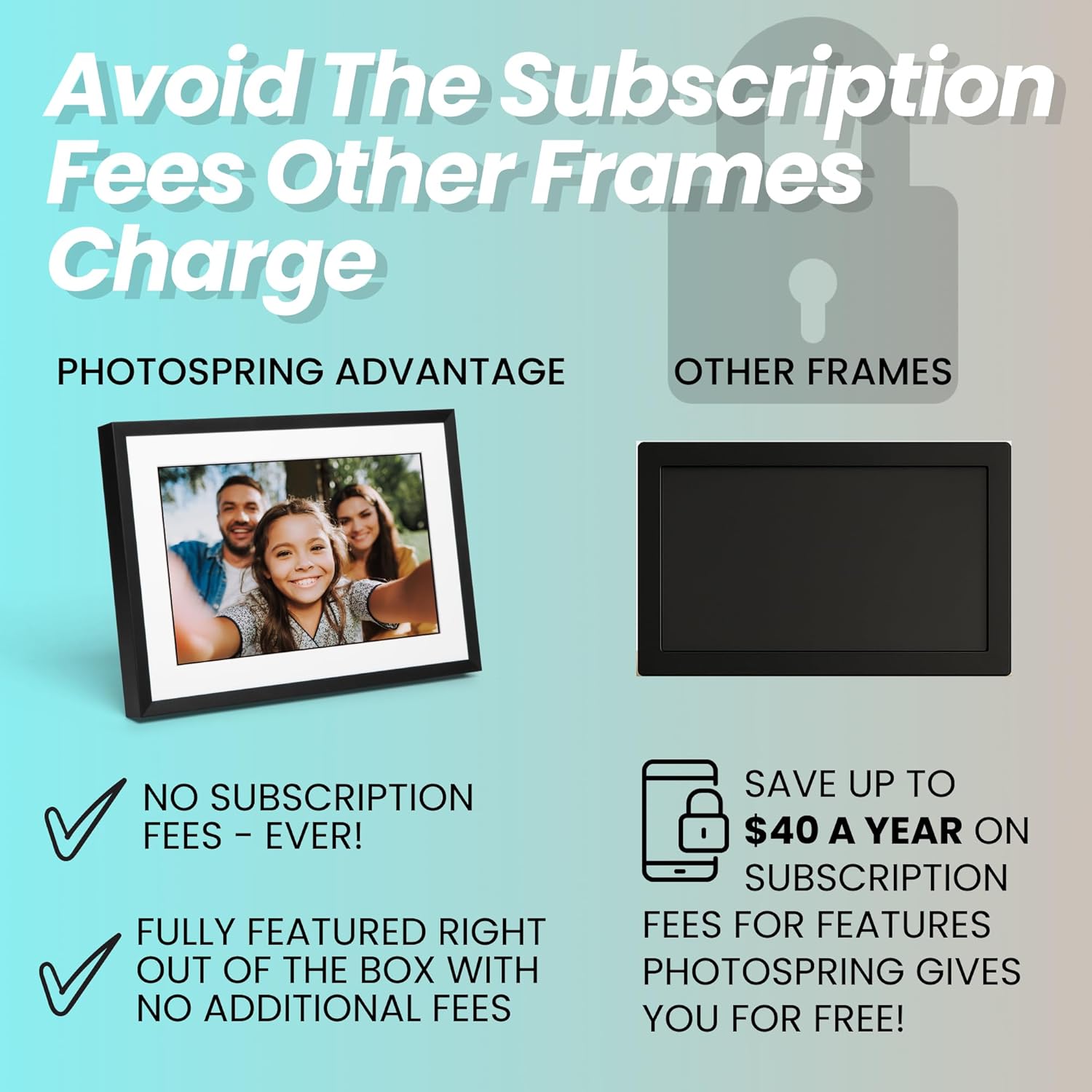 PhotoSpring No Subscription, 10in WiFi Digital Picture Frame, Email App Web, USA Company, 32gb Touch Screen, Play Videos up to 5min