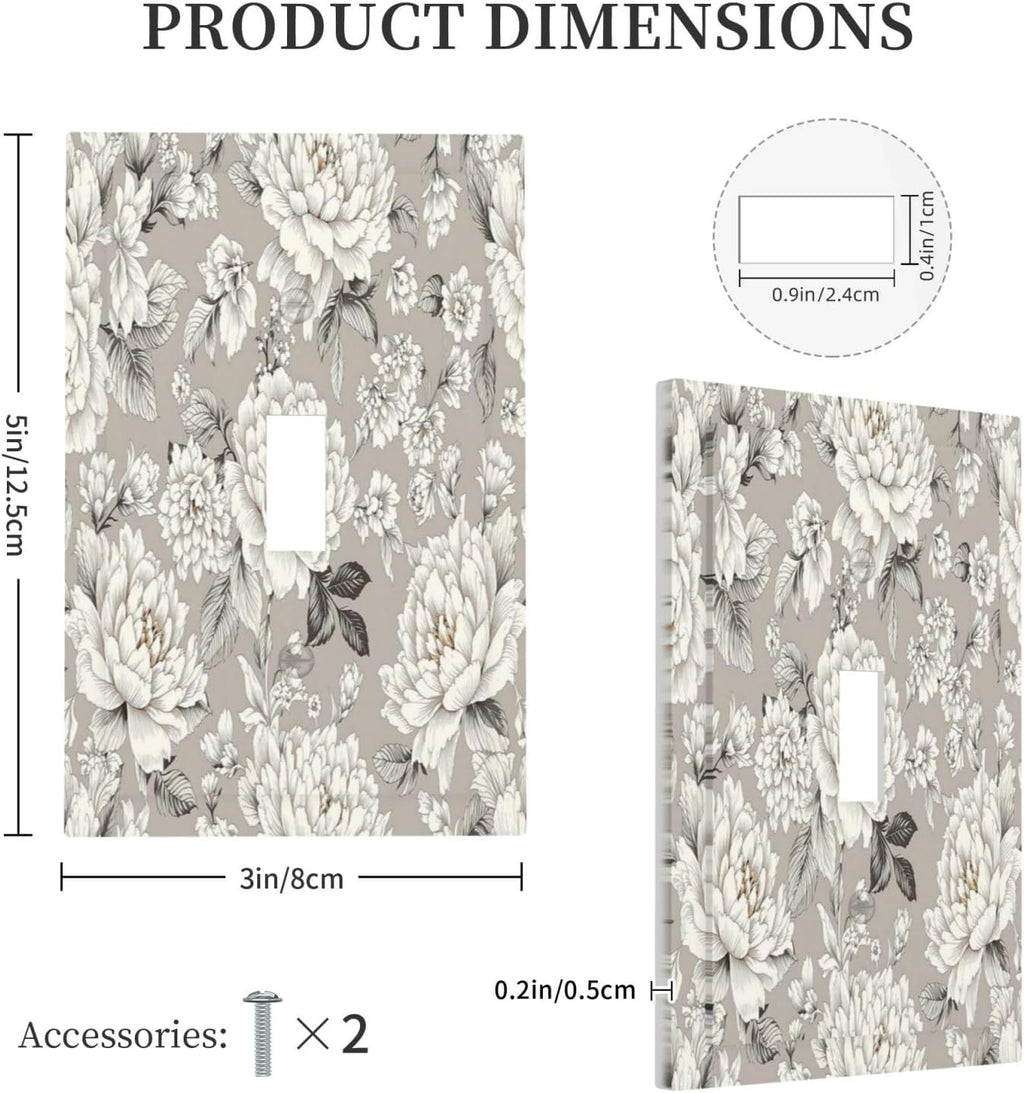White Poppies Floral Modern Grey Peonies Flowers Decorative Light Switch Cover 1 Gang Single Toggle Decorator Outlet Wall Plate Device Electrical Faceplate Switchplates for Bedroom Bathroom