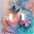 Colorful Marble Butterfly Gold Glitter Abstract Print Decorative Switch Plates 2 Gang Double Toggle Outlet Light Switch Cover Wall Plate Electrical Faceplate for Bed Room Living Room Decor