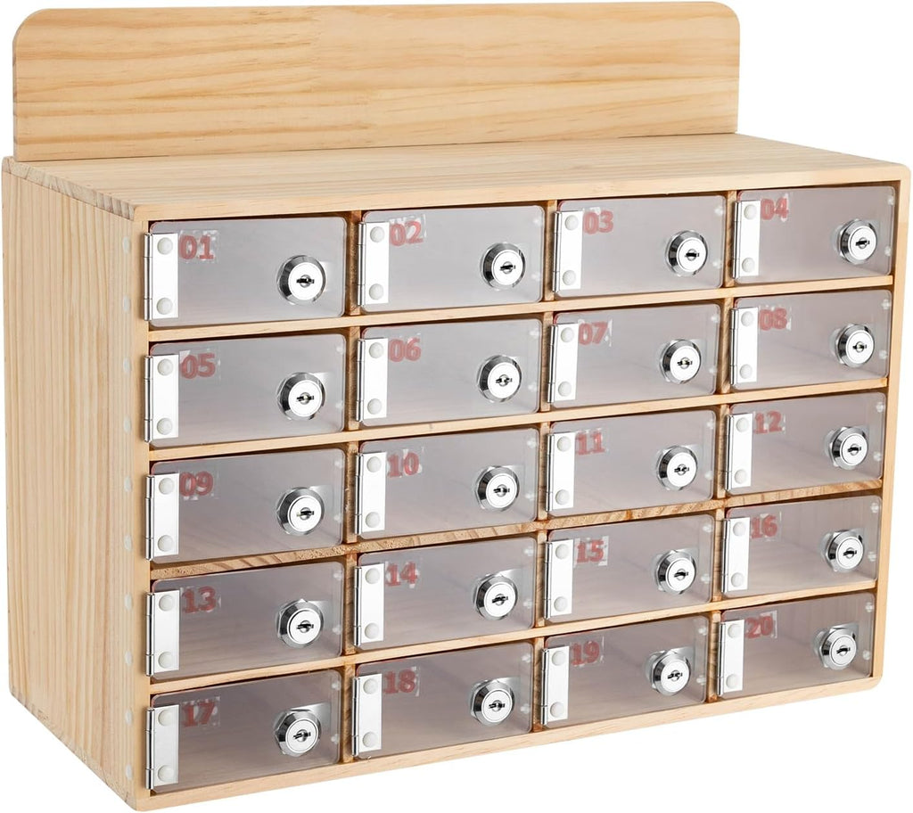 Cell Phone Locker Box 20 Slots Cell Phone Organizer Cabinet with Combination Locks Wall-Mounted Locking Cell Phone Storage Box for Classroom Office,Shool,Office (20 Slots, Wood+Acrylic)