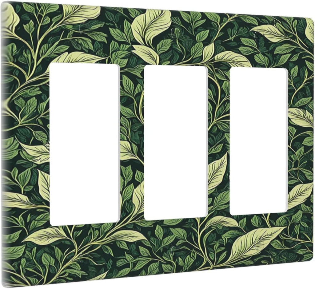 Vintage Green Plant Leaves Triple Rocker Light Switch Covers 3 Gang Outlet Cover Wall Plates Decorative Switch Plates Electrical GFCI Faceplate Switchplate for Home Decor 4.49 X 6.38 IN