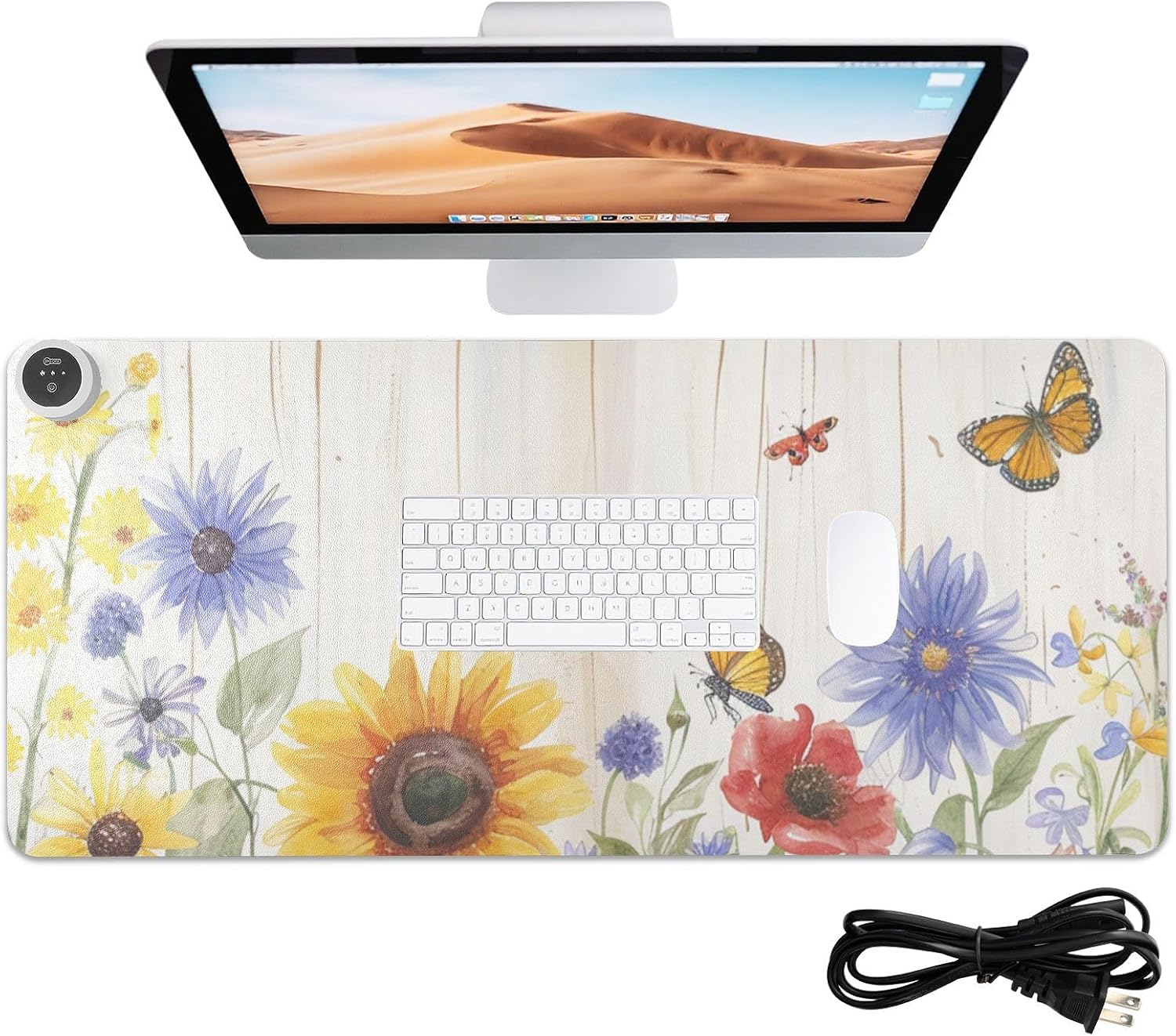 Heated Desk Pad Mouse Pad 31.5x13 Inch PU Leather Desk Mat with 3 Heat Levels Large Mouse Gaming Computer Laptop Mat Watercolor Cornflower Butterfly