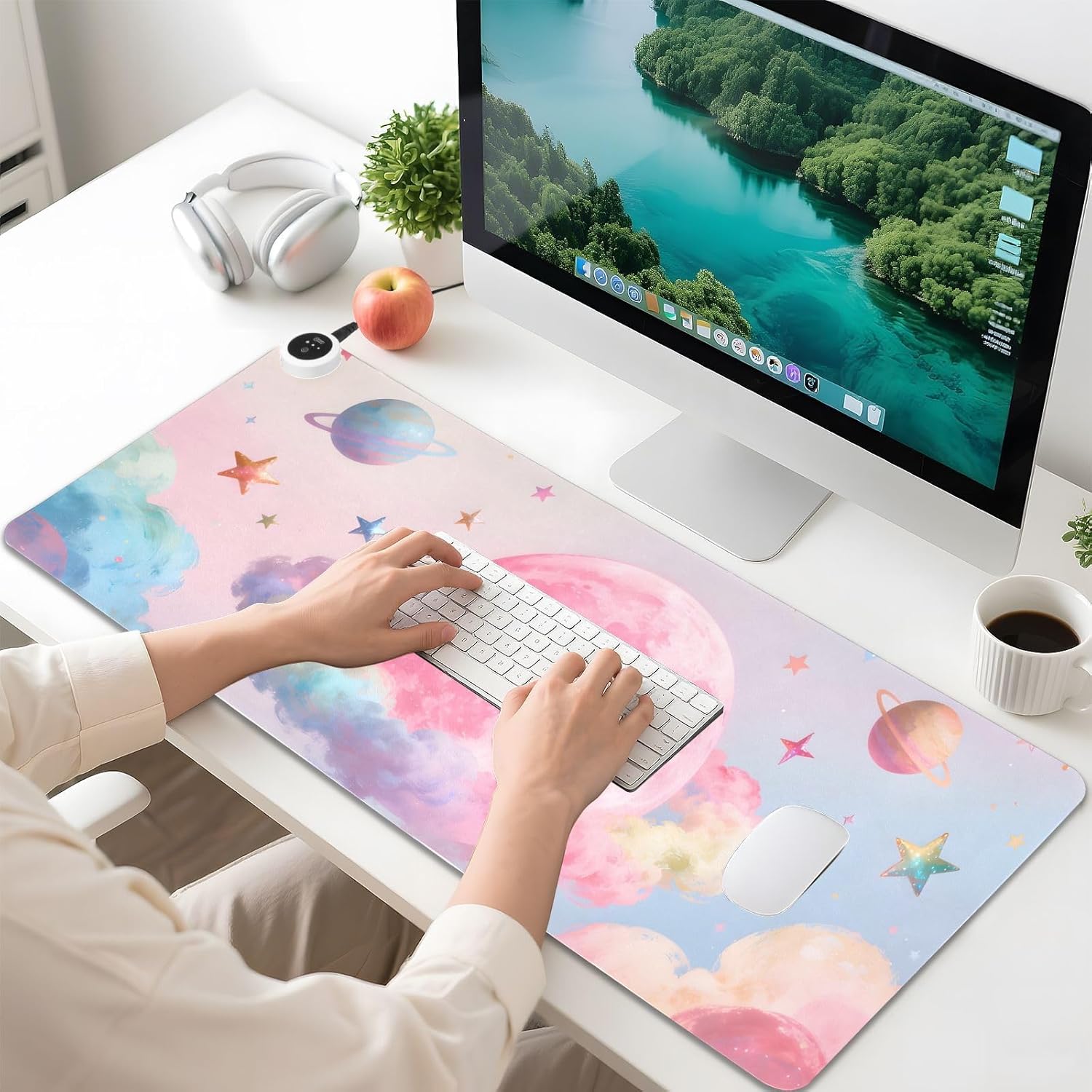 Large Heated Mouse Pad,Leather Desk Mat,31.5"x13",Hand Warmer Pads for Desk,Sky(Orange Pink)